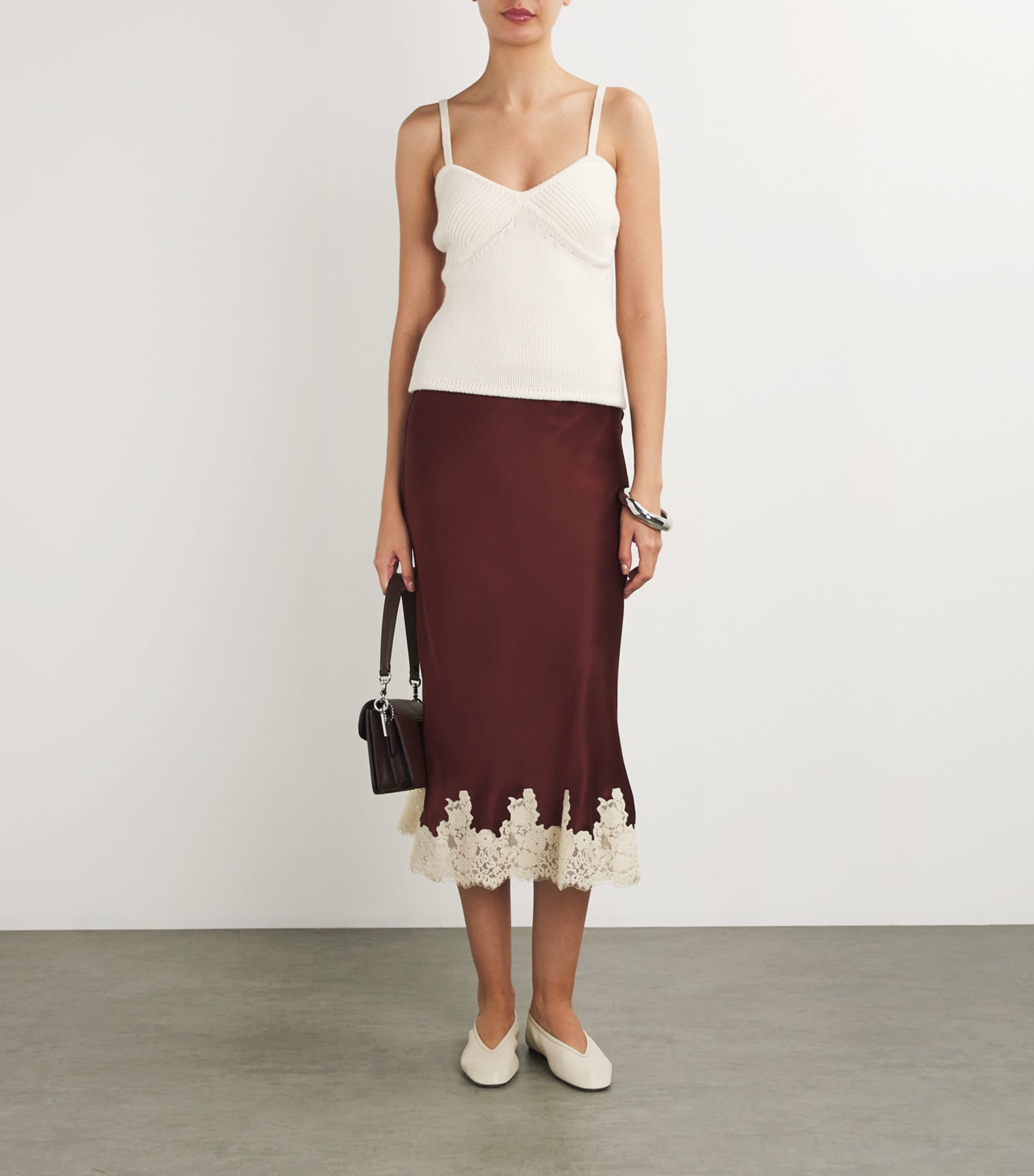 Silk Lace-Trim Elowen Midi Skirt CAFÉ Image 2
