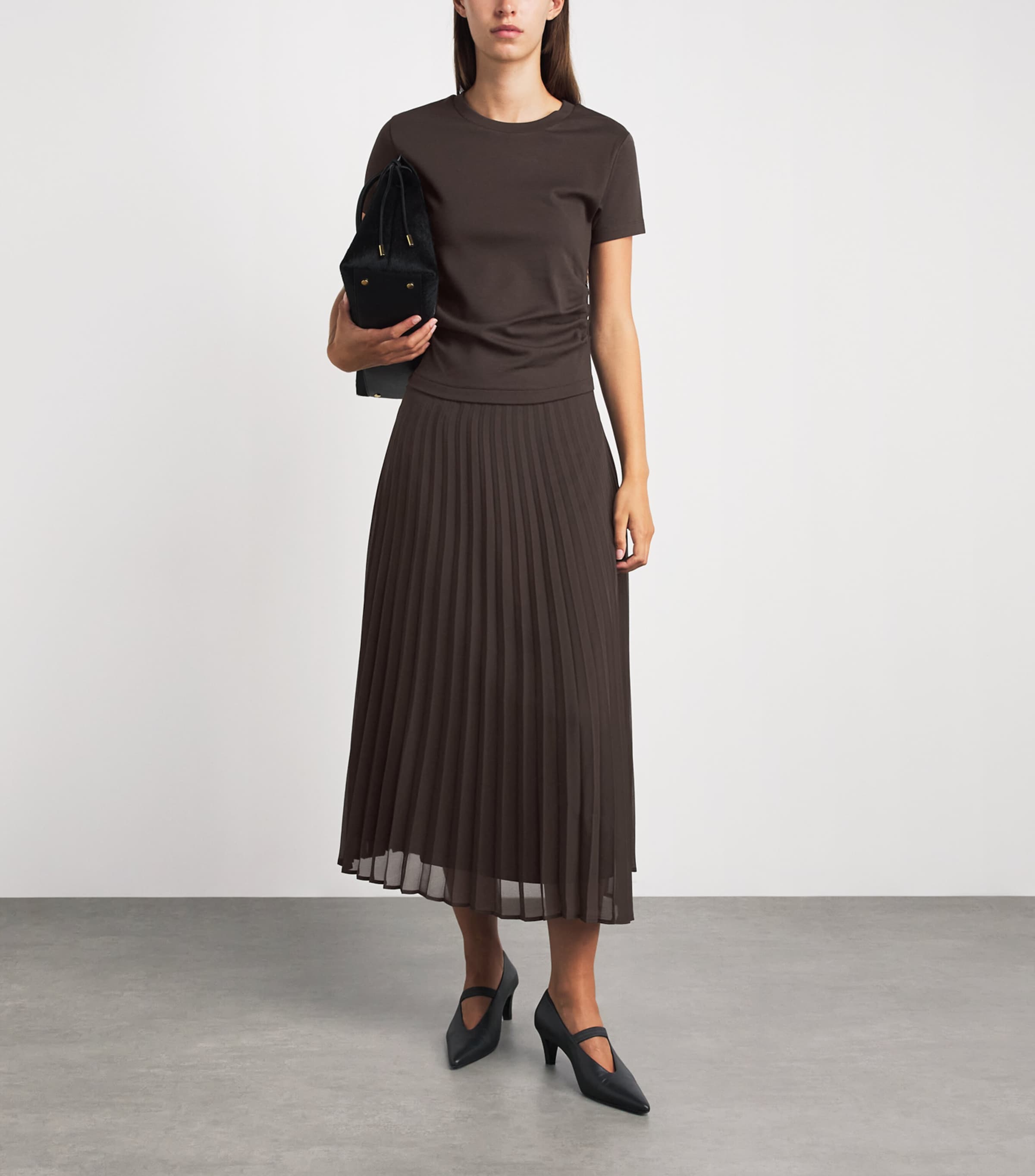 Claudie Pierlot Womens Ruched Pleated-Skirt Dress Chocolate Image 2
