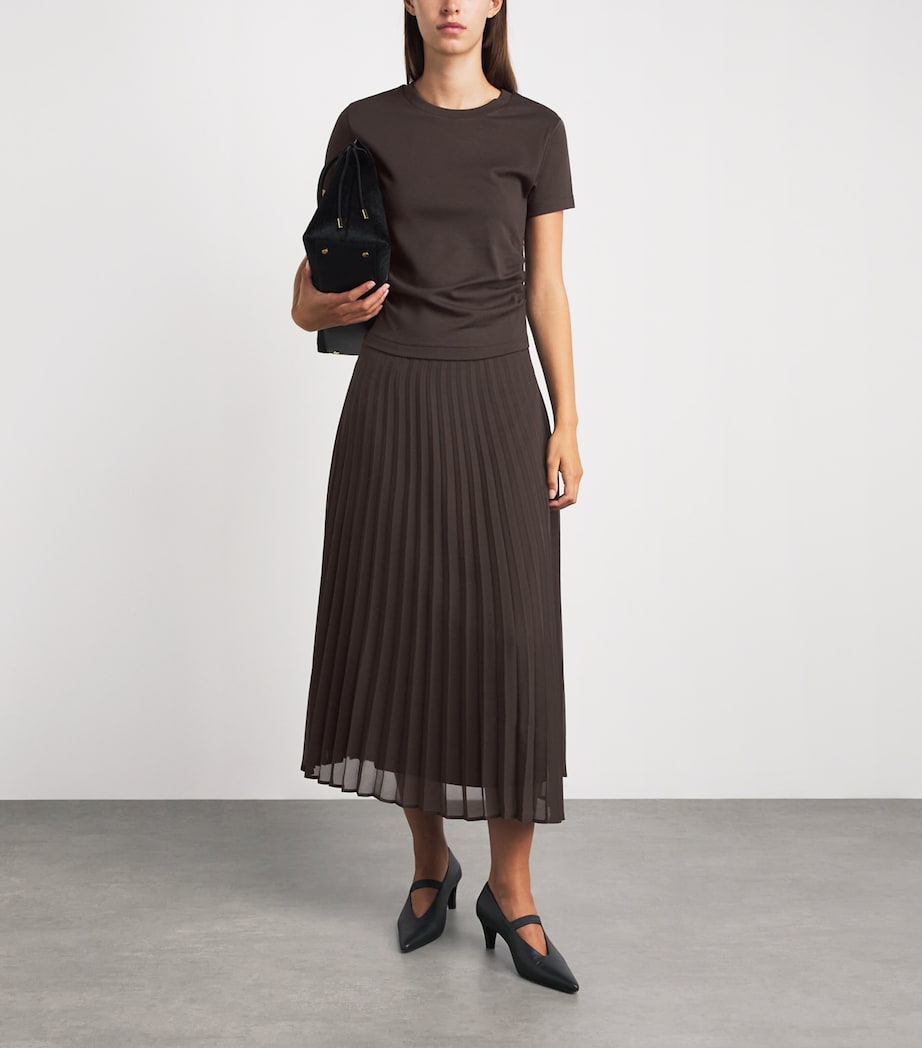 Claudie Pierlot Womens Ruched Pleated-Skirt Dress Chocolate Image 2
