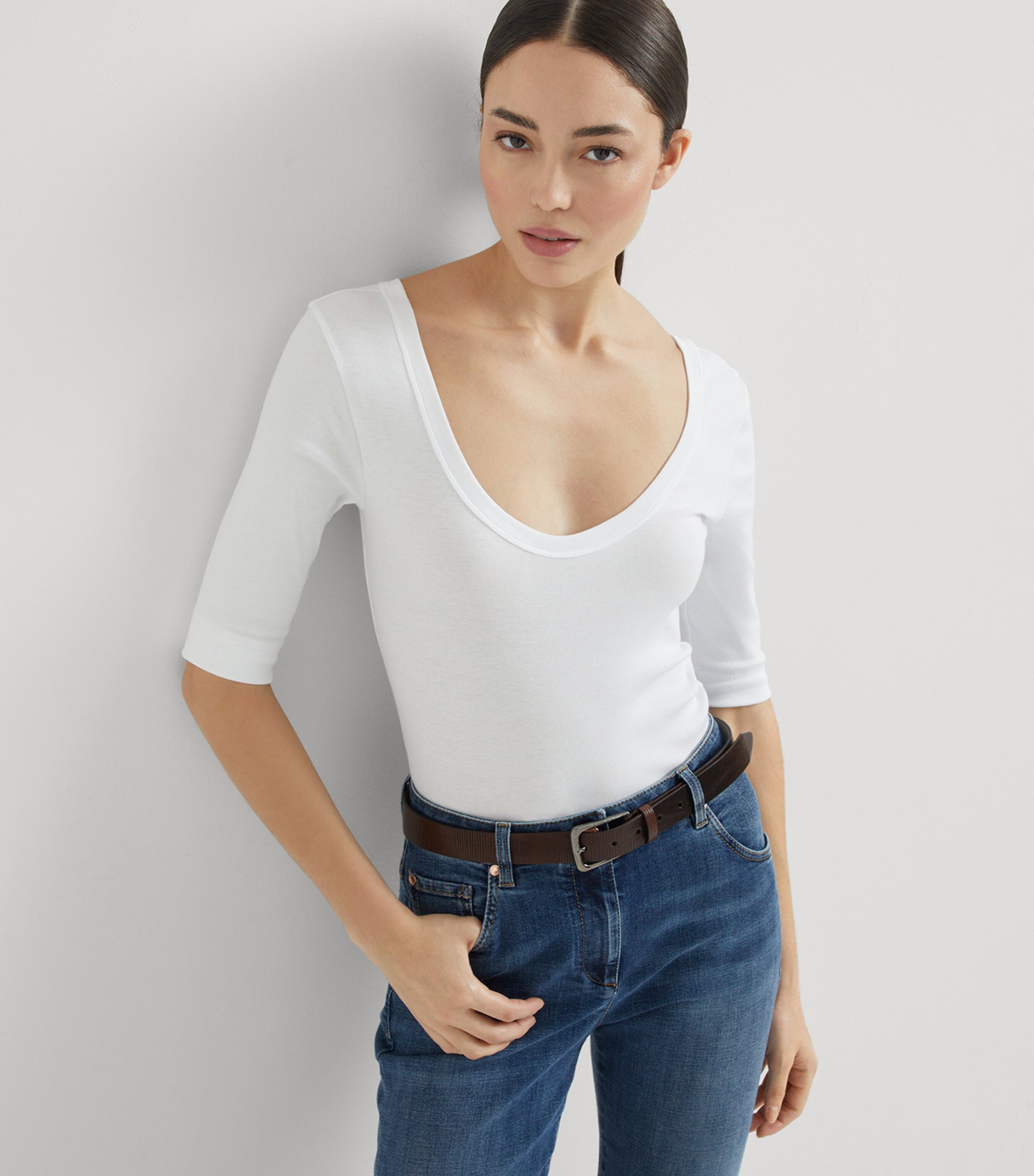 Brunello Cucinelli Womens Stretch-Cotton Ribbed T-Shirt Image 5