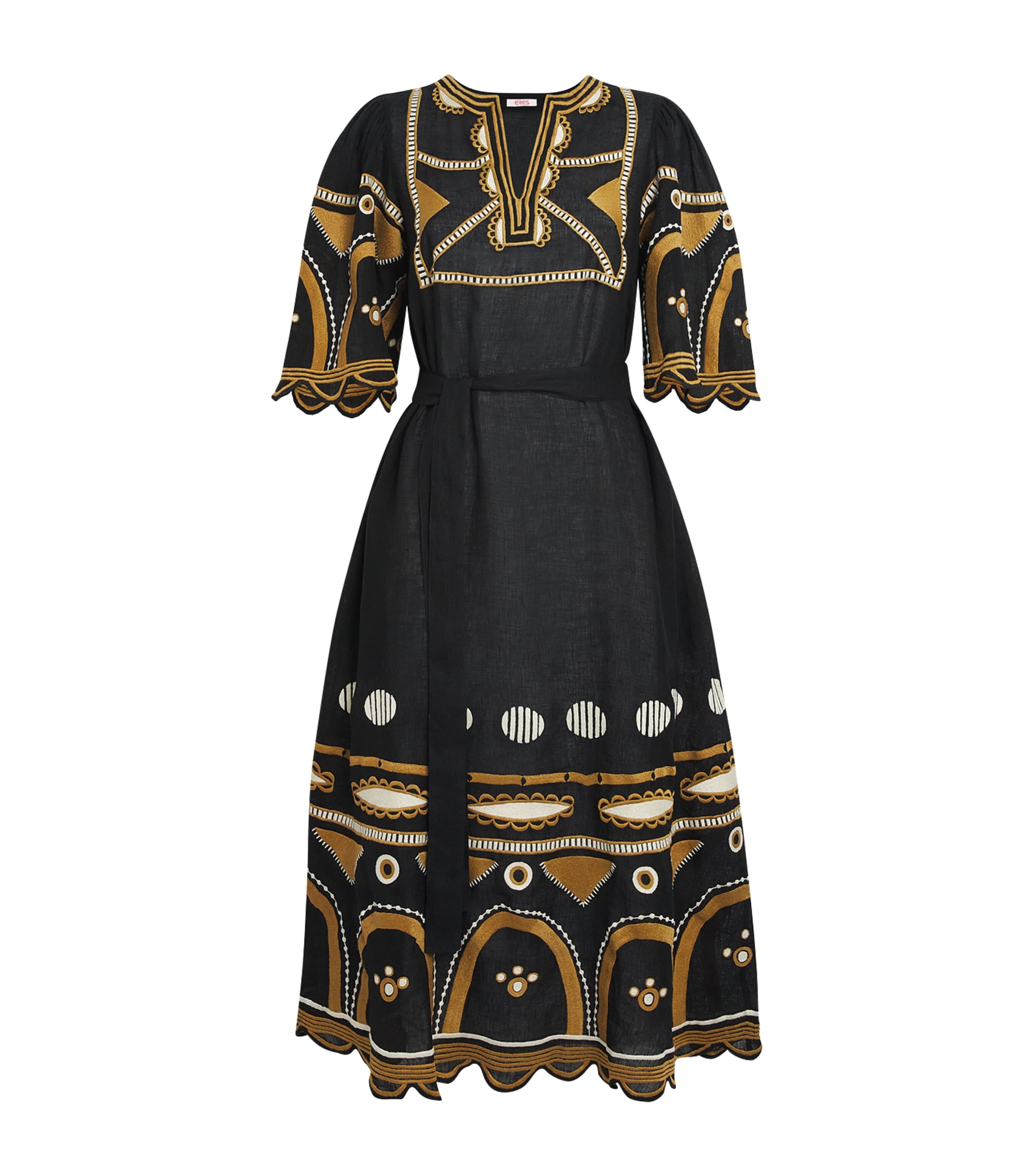 Eres Ornament Belted Embroidered Linen Midi Dress In Black