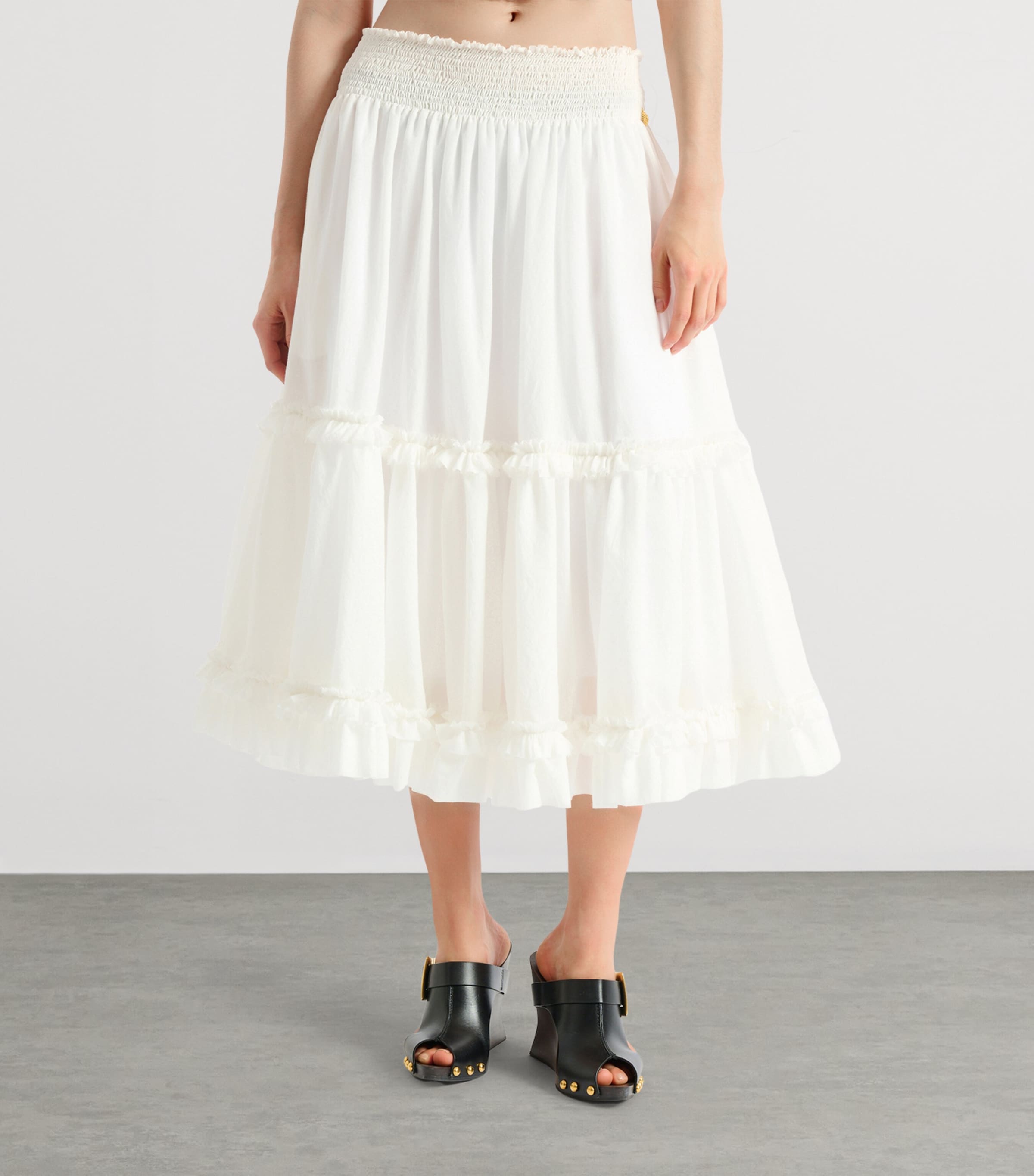 Balmain Womens Poplin Gathered Flared Skirt Blanc Image 4