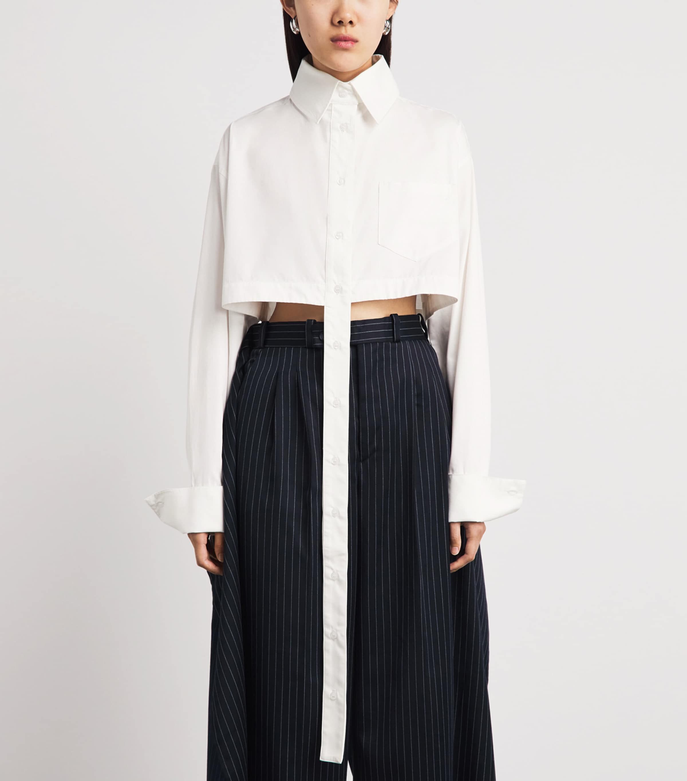 LATE FOR WORK Womens Cotton Deconstructed Cropped Shirt Wht_bblu Image 4