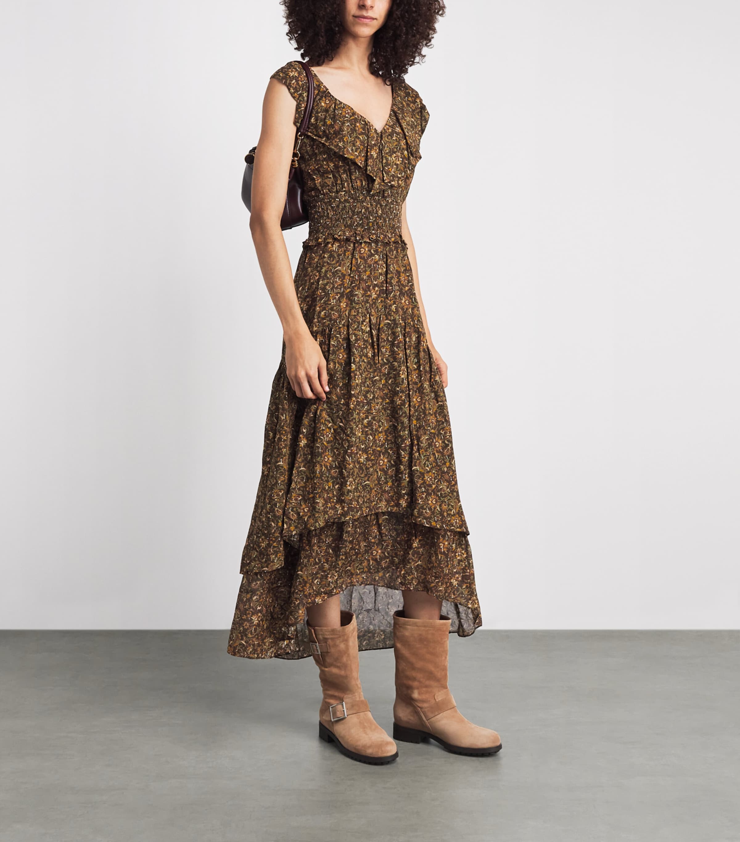 PAIGE Womens Silk-Blend Ruffle Floral Midi Dress Hickory Multi Image 2