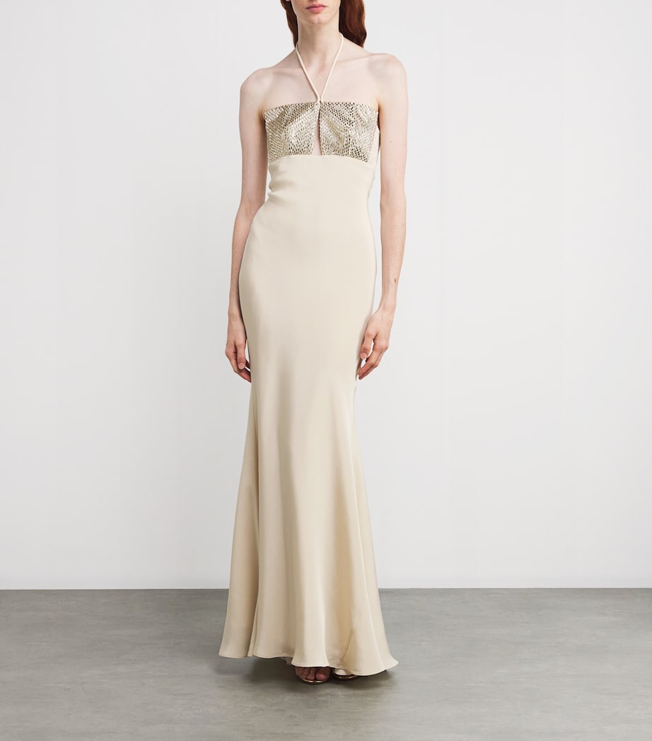 Silk Embellished Halterneck Maxi Dress CHAMPAGNE Image 2