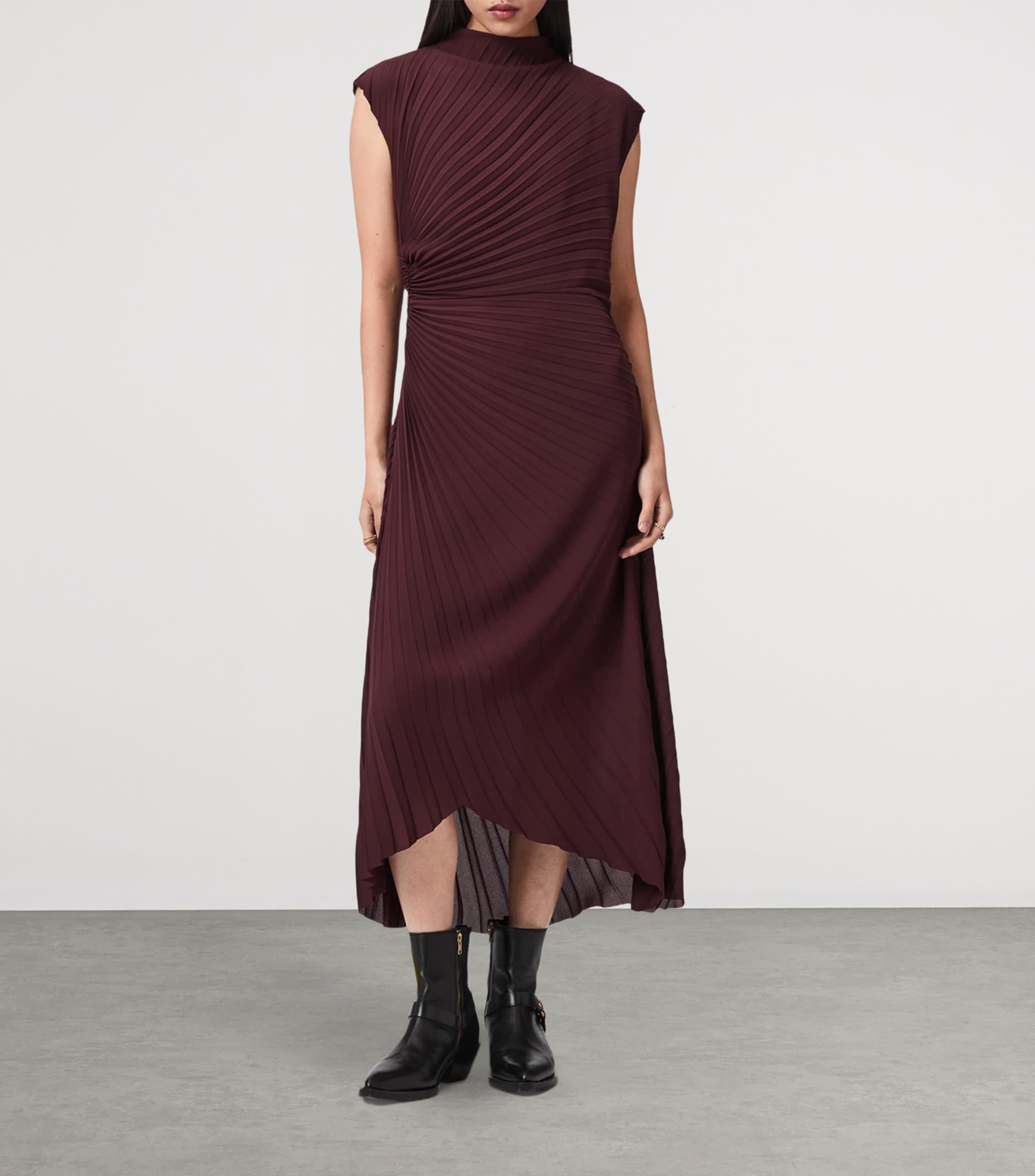 AllSaints Womens Pleated Rayanna Midi Dress Oxblood Red Image 3