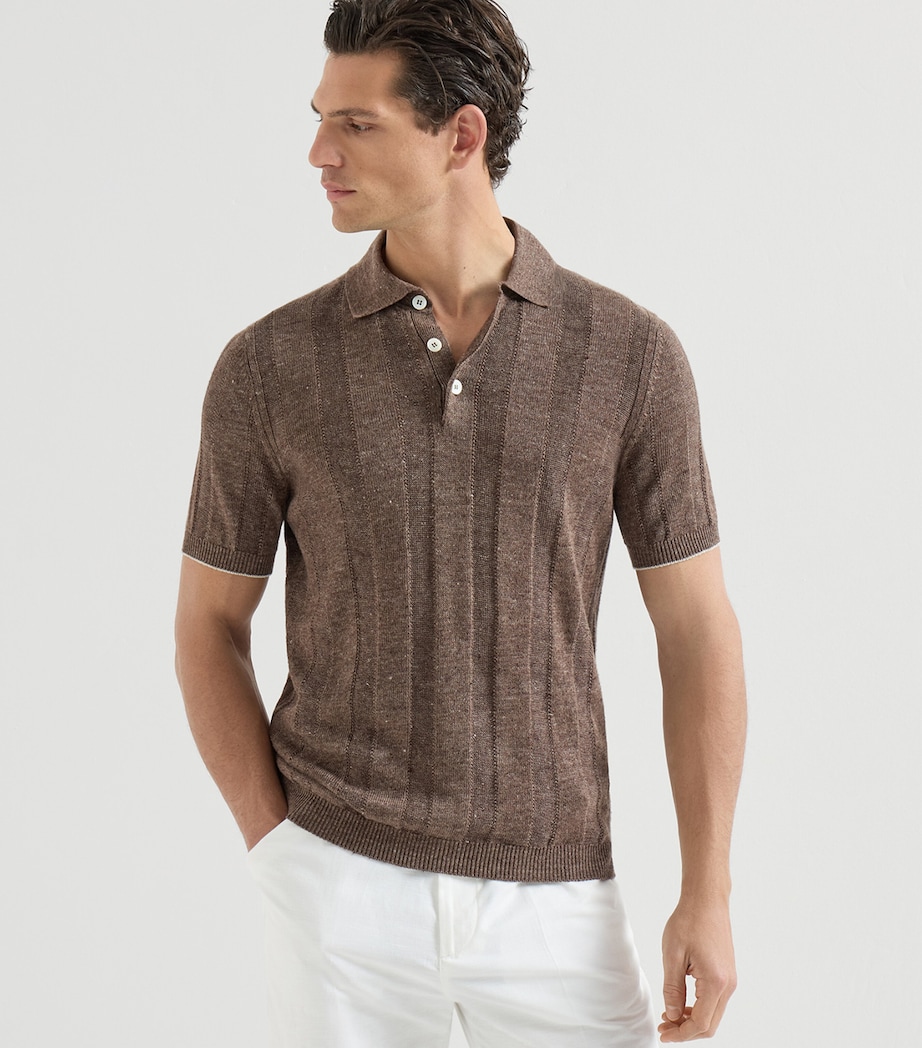 Brunello Cucinelli Mens Linen-Cotton Rib-Knit Polo Shirt Image 3
