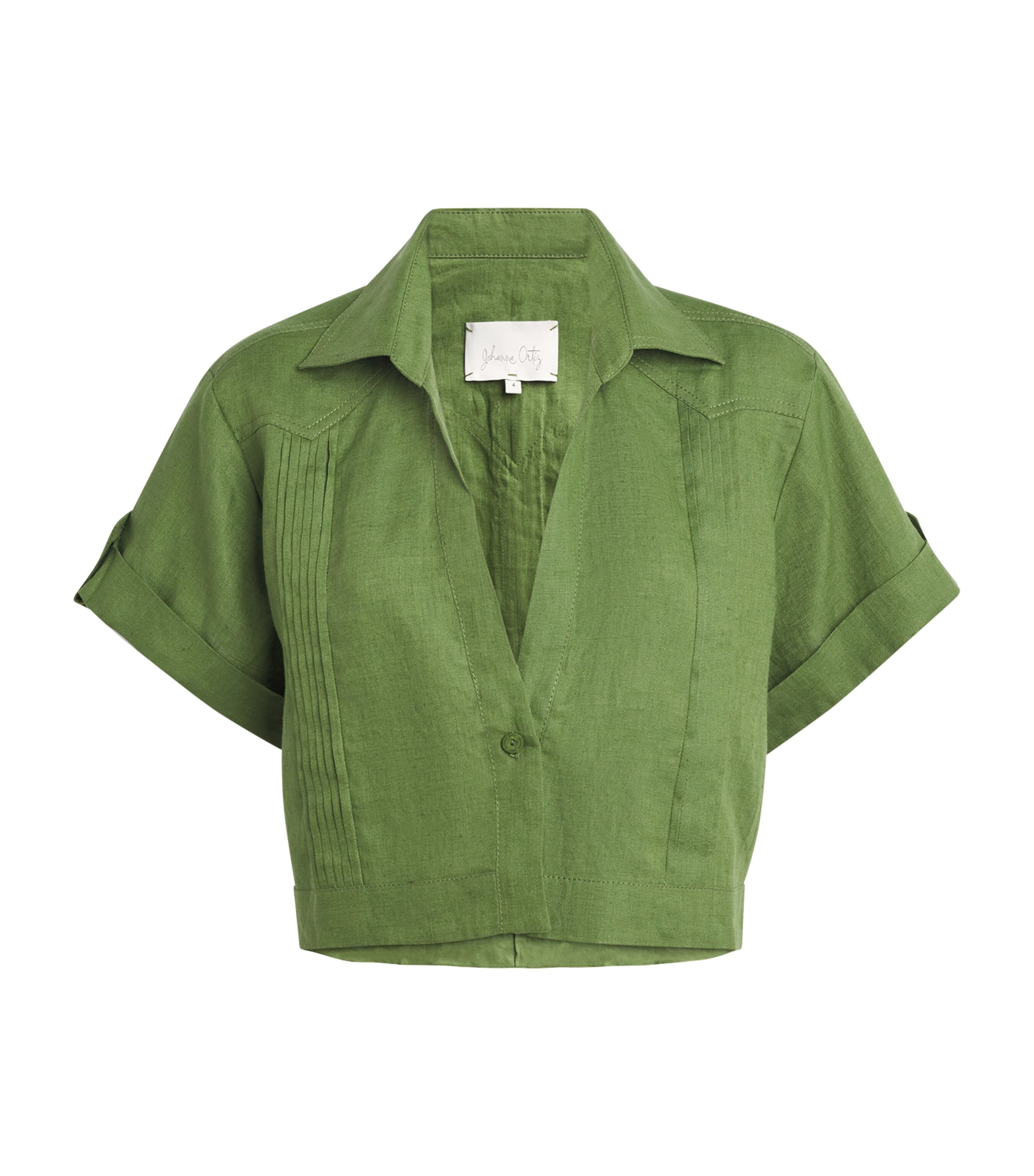 Johanna Ortiz Womens Linen Language of the Soul Cropped Shirt Green Image 1