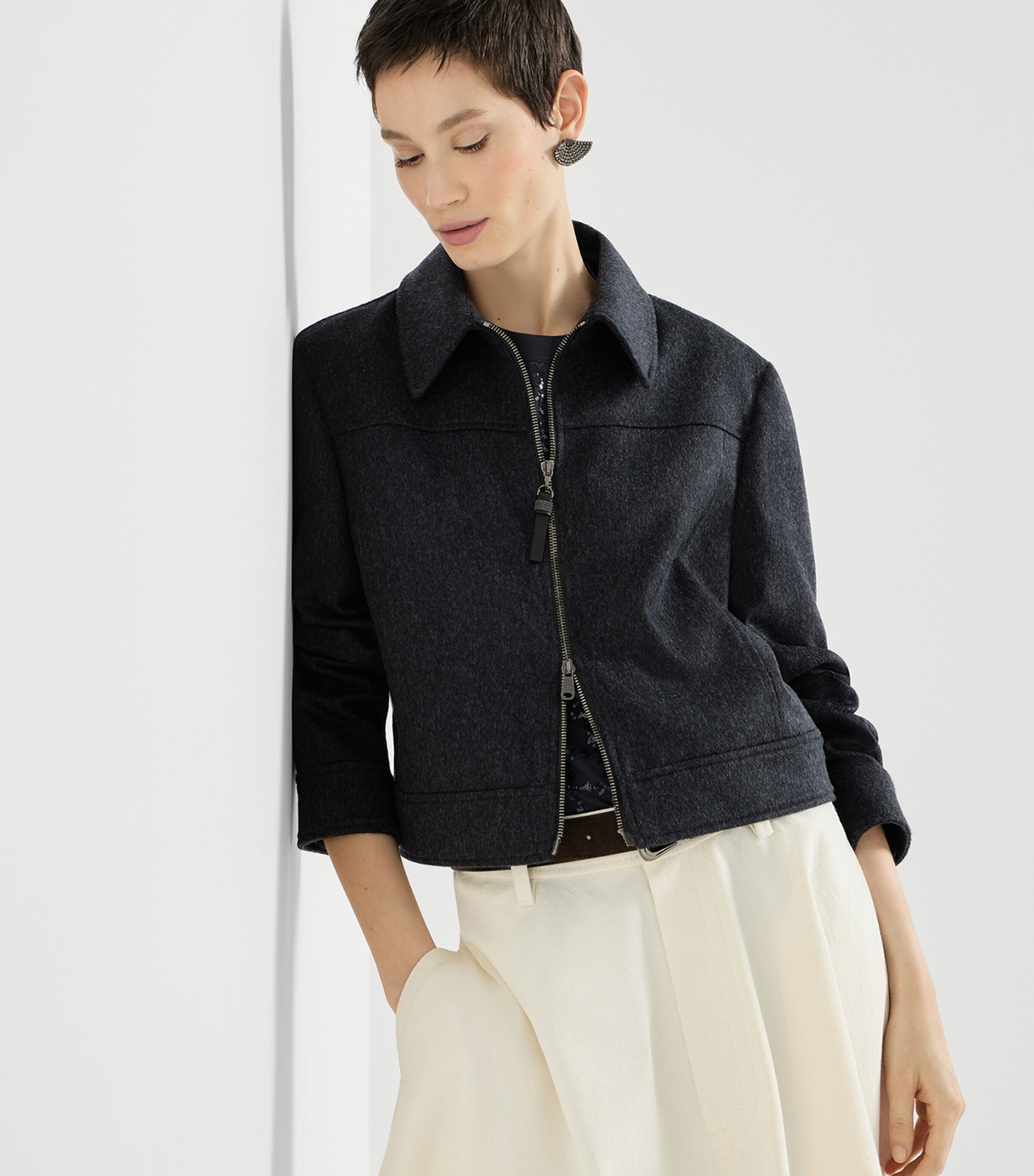 Brunello Cucinelli Womens Wool Monili-Zipper Jacket Antracite Image 2