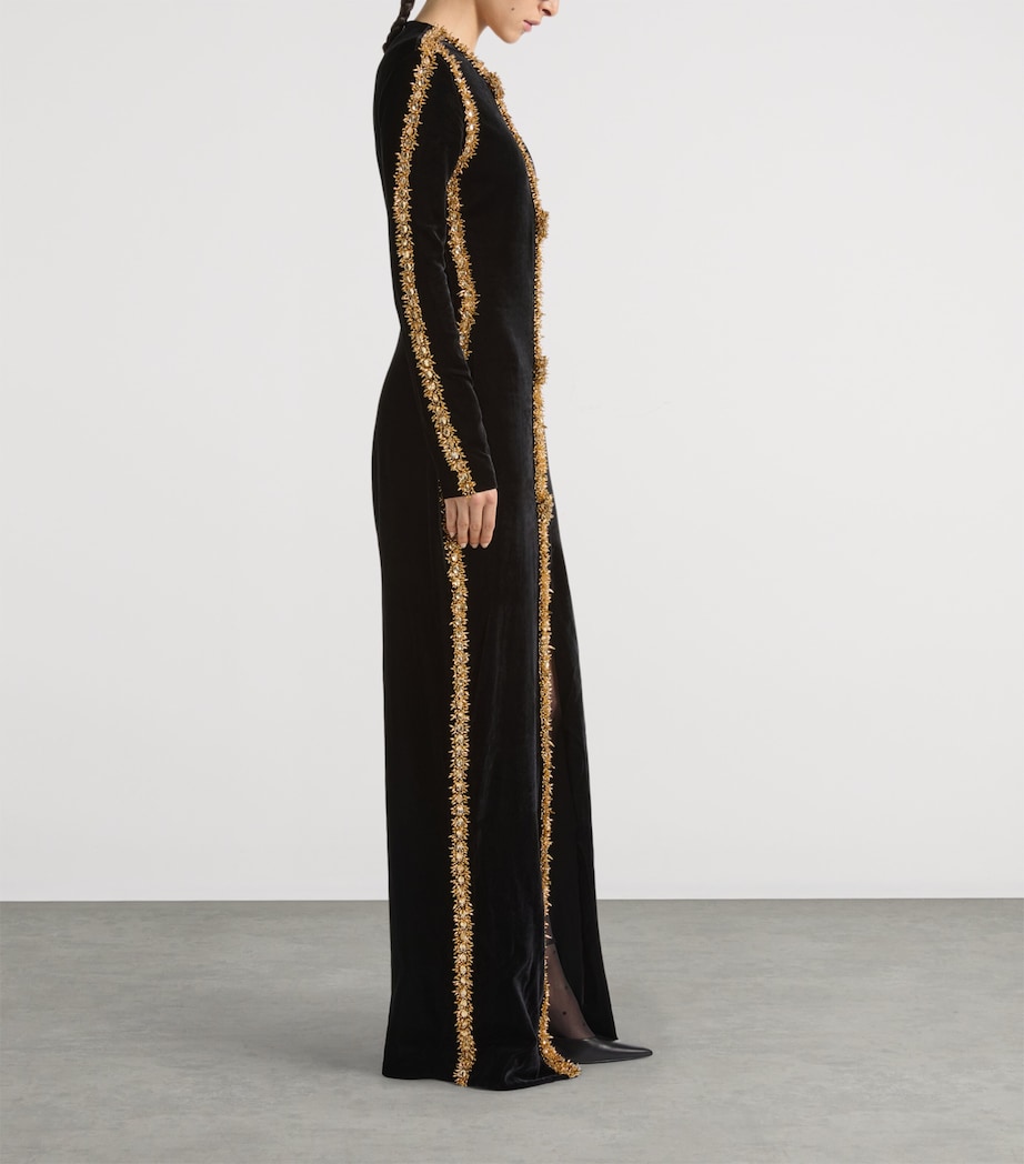 Balmain Womens Velvet Beaded-Trim Maxi Dress Ead Noir Or Image 4