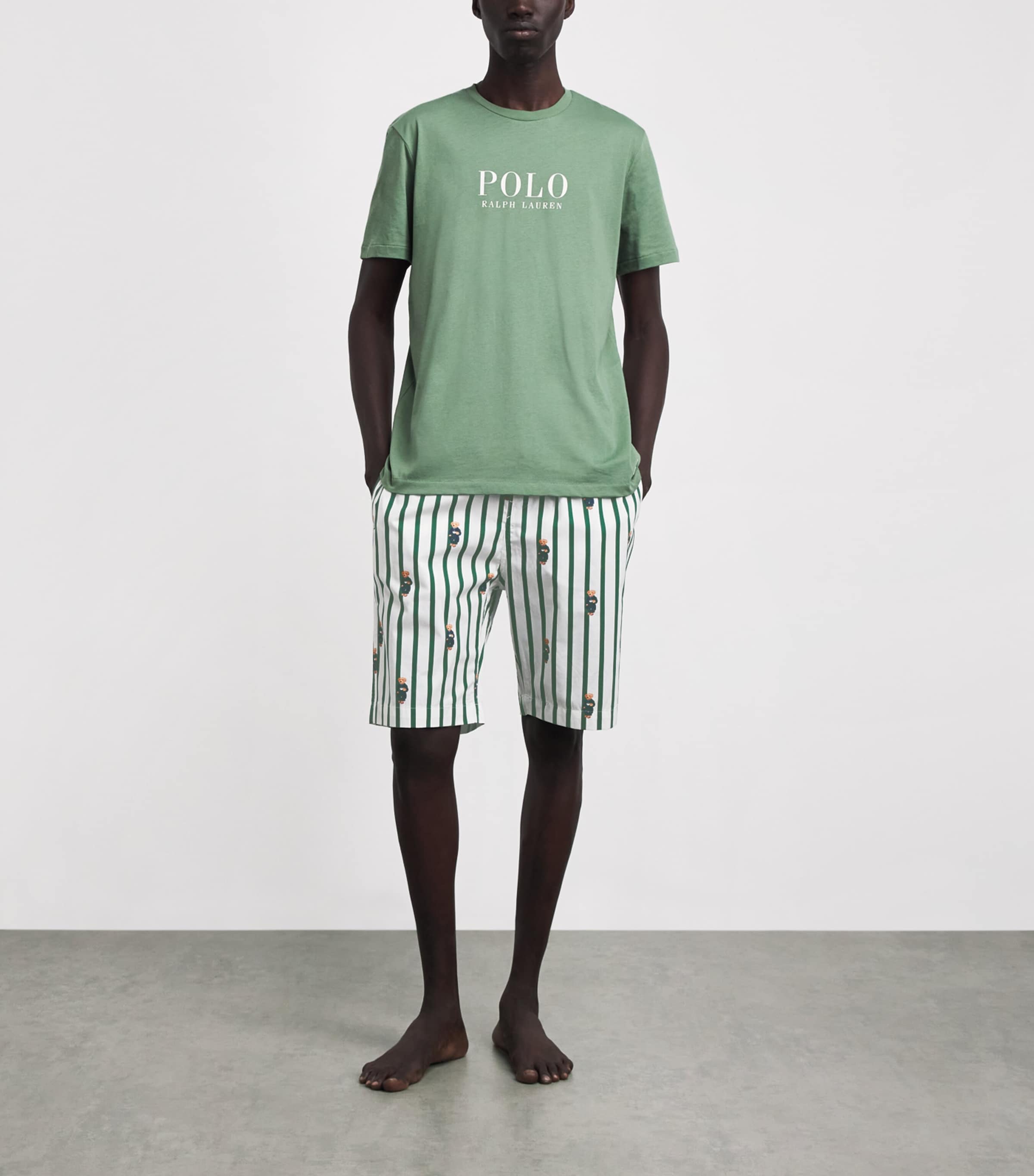 Polo Ralph Lauren Mens Cotton Stripe Polo Bear Pyjama Shorts Verano Green/wht Aob Image 2