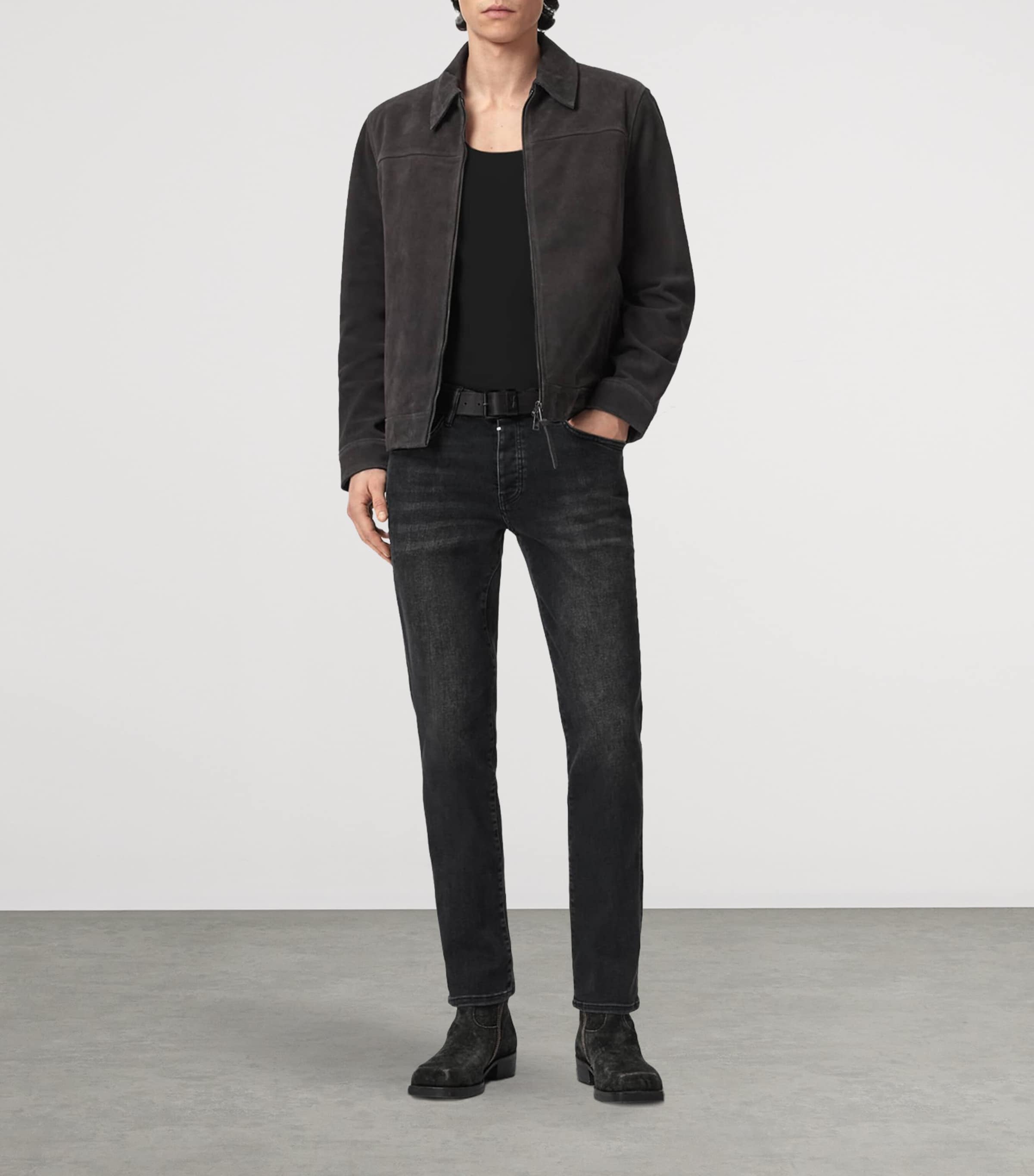 AllSaints Mens Suede Rhone Jacket Anthracite Grey Image 2