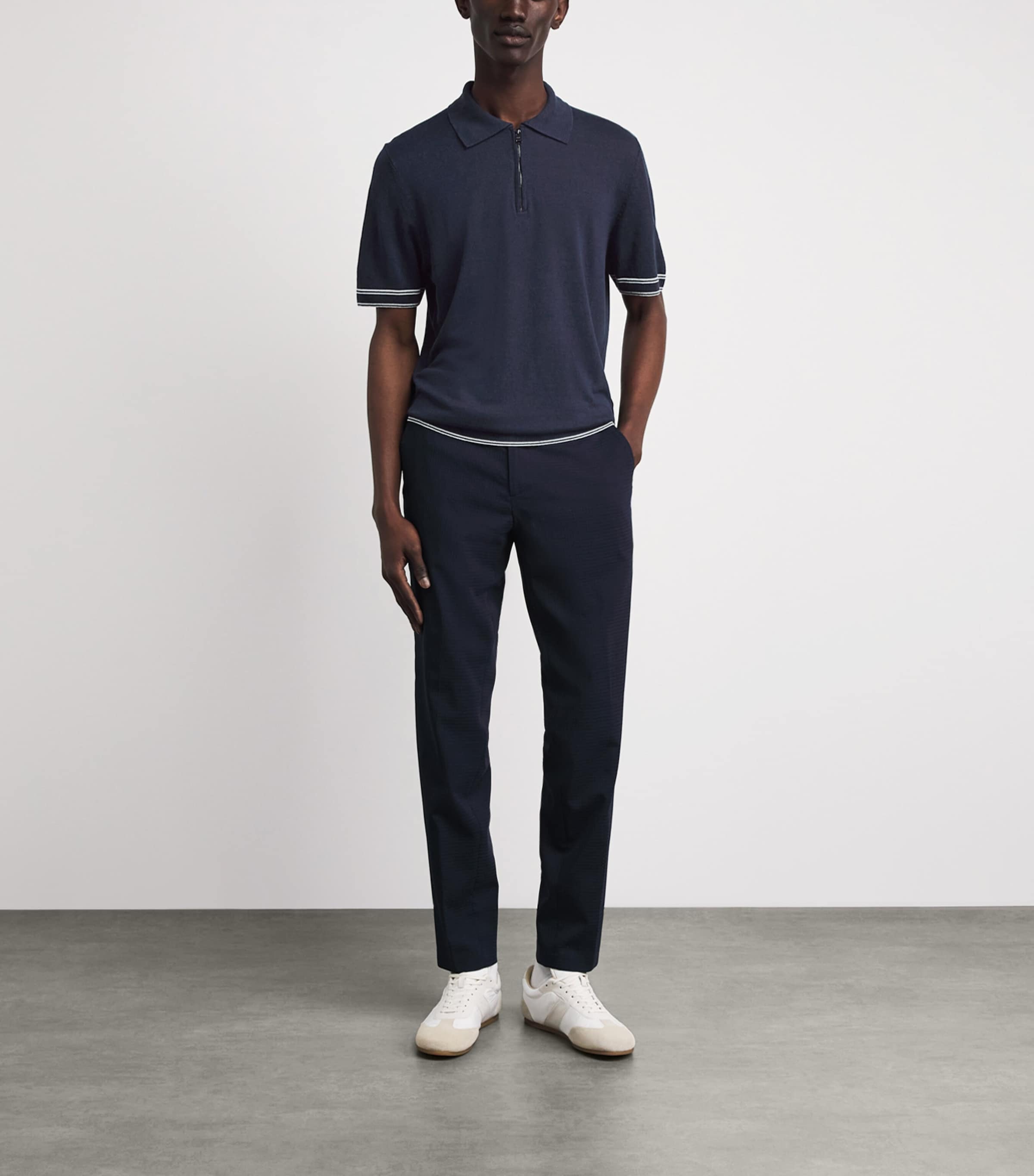BOSS Mens Linen-Blend Zip-Up Polo Shirt Dark Blue Image 2