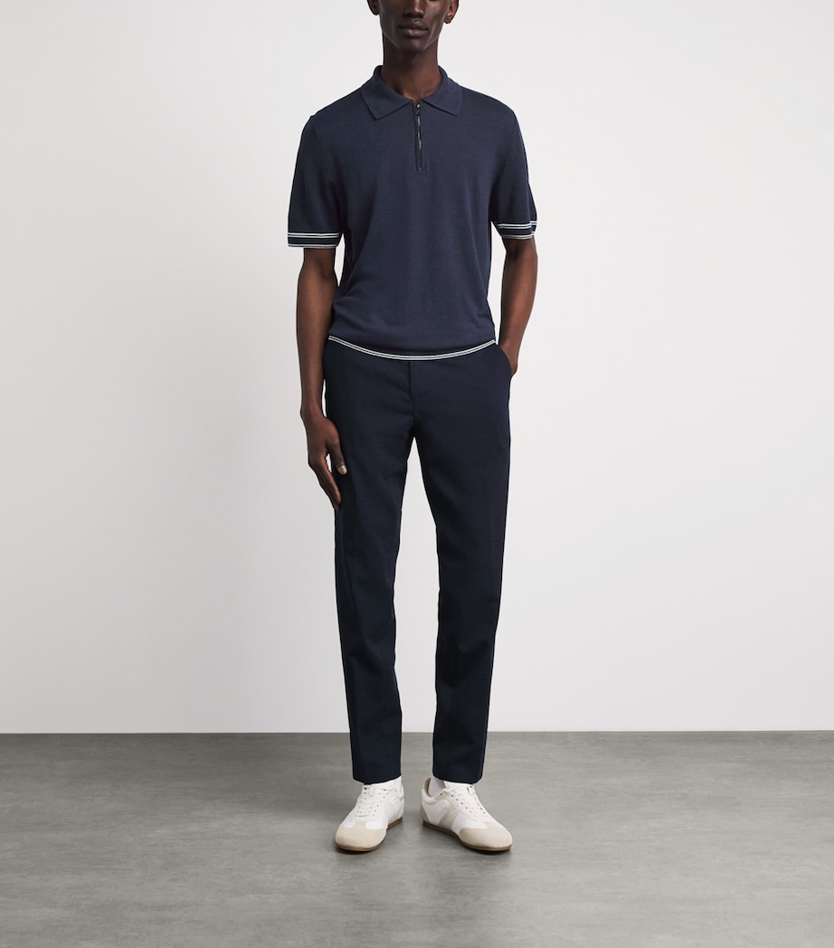 BOSS Mens Linen-Blend Zip-Up Polo Shirt Dark Blue Image 2