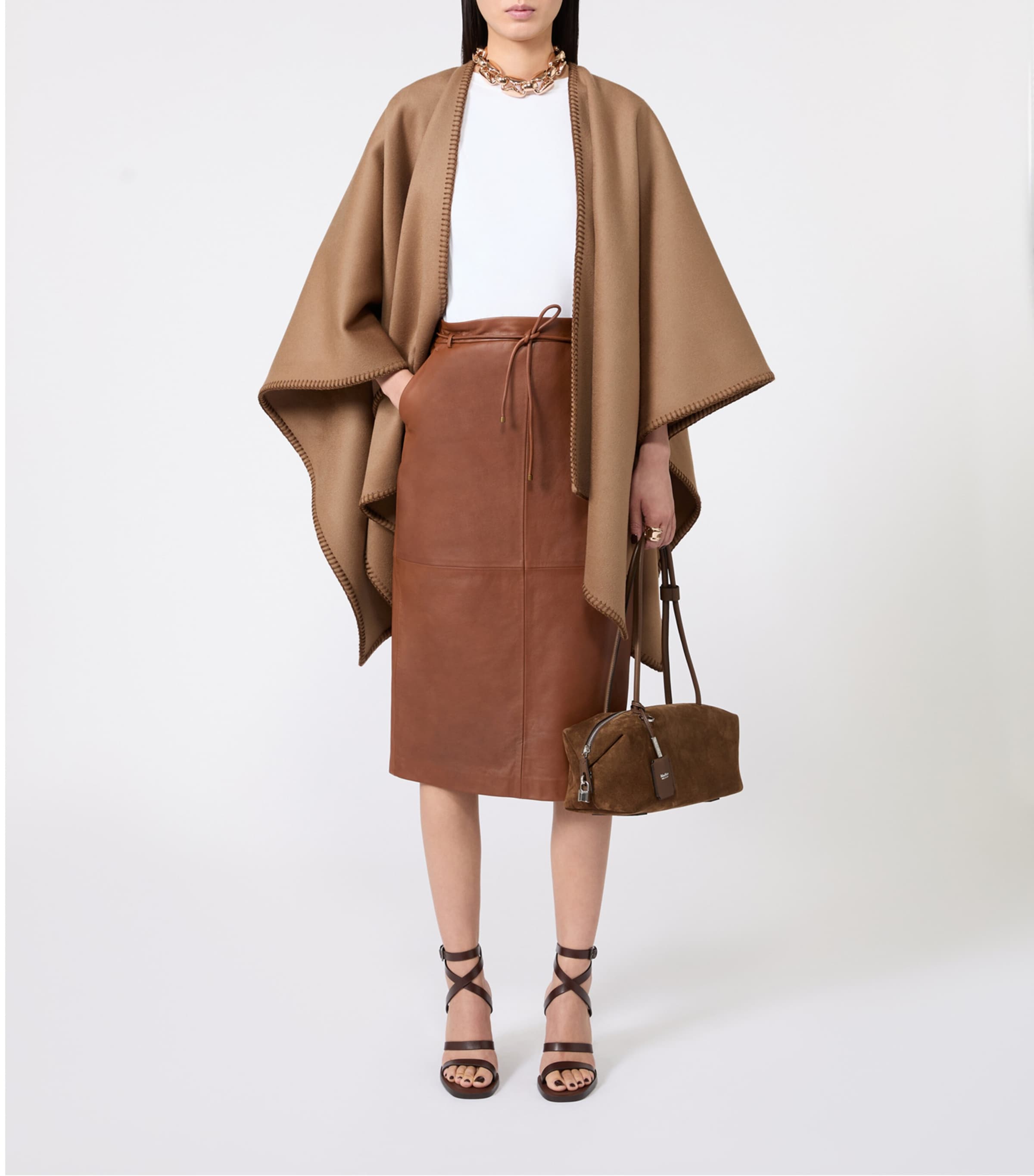 Max Mara Womens Virgin Wool Logo Cape and Belt Camel Image 2