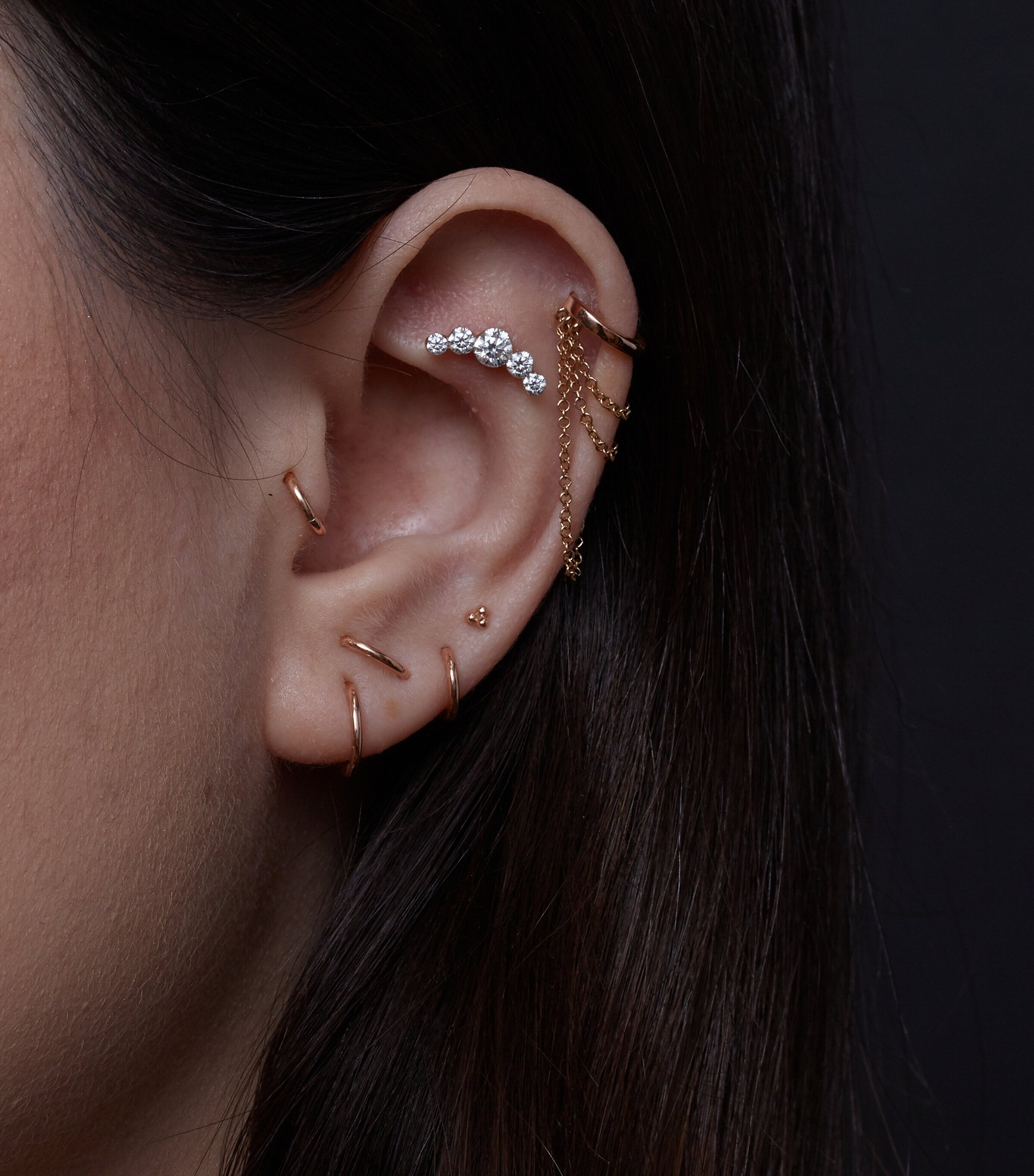 Invisible Set Five Diamond Curve Threaded Stud Earring ROSE GOLD Image 3