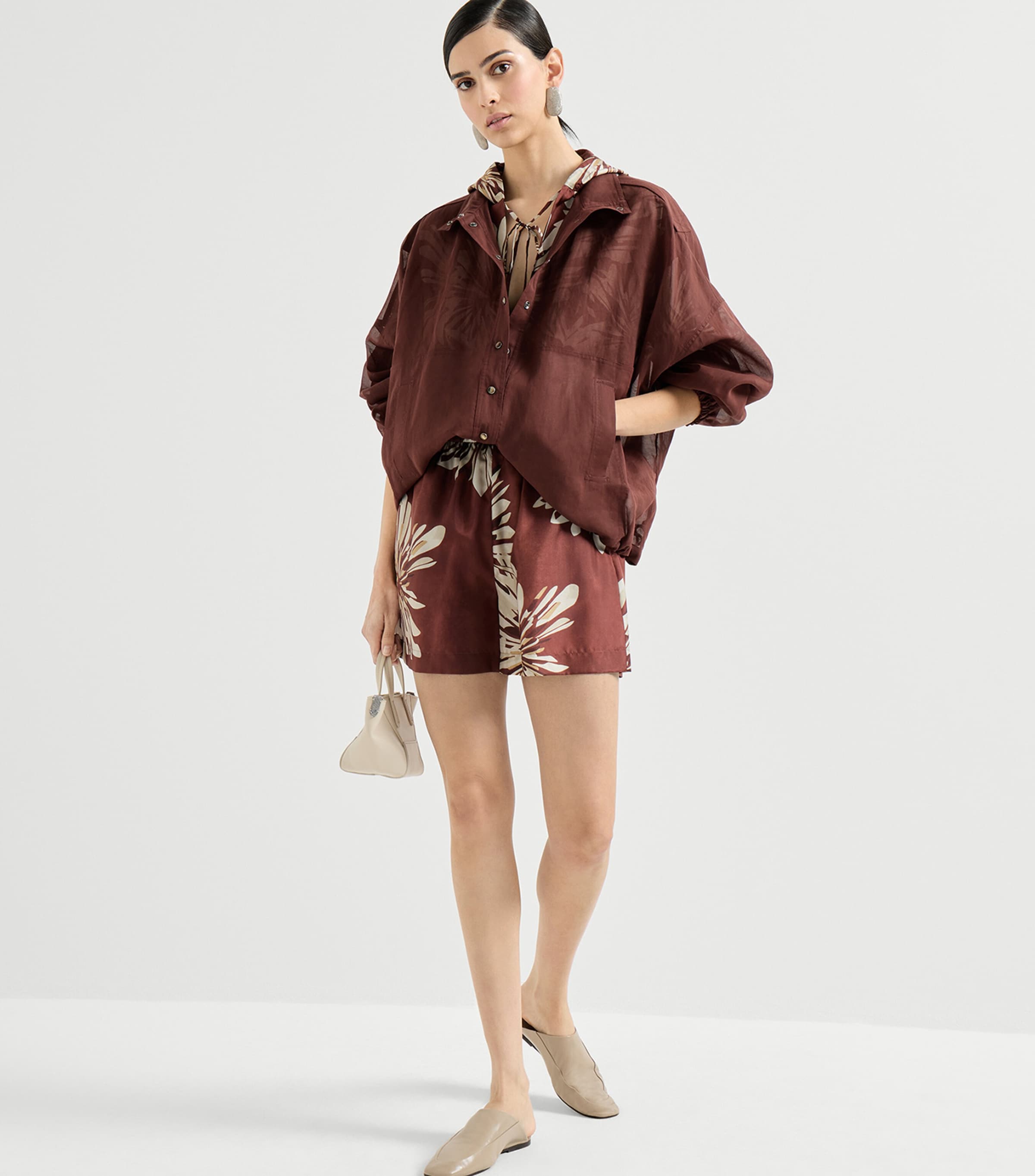 Brunello Cucinelli Womens Silk Floral Hooded Shirt Image 2