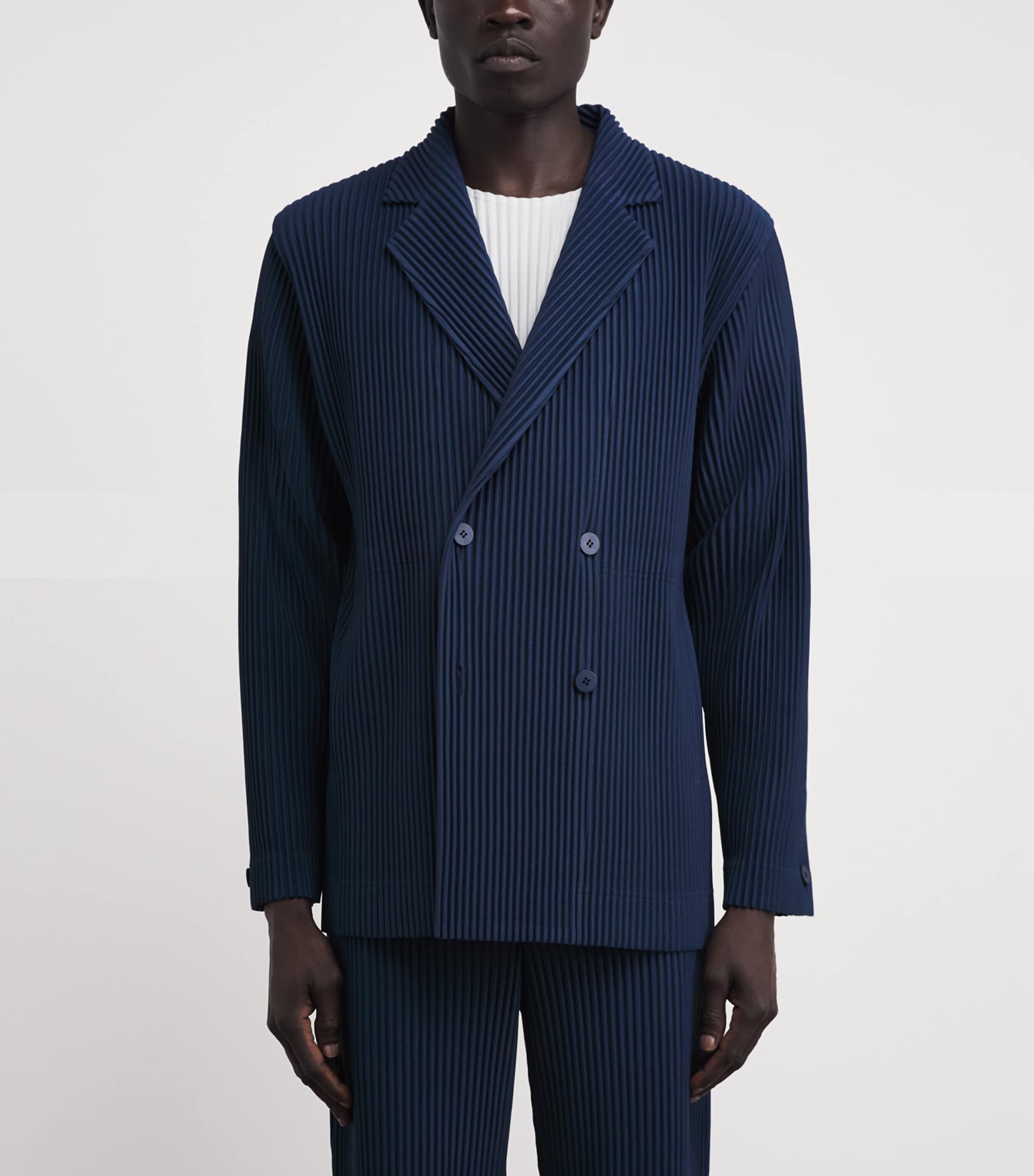 Homme Plissé Issey Miyake Navy Pleated Double-Breasted Blazer