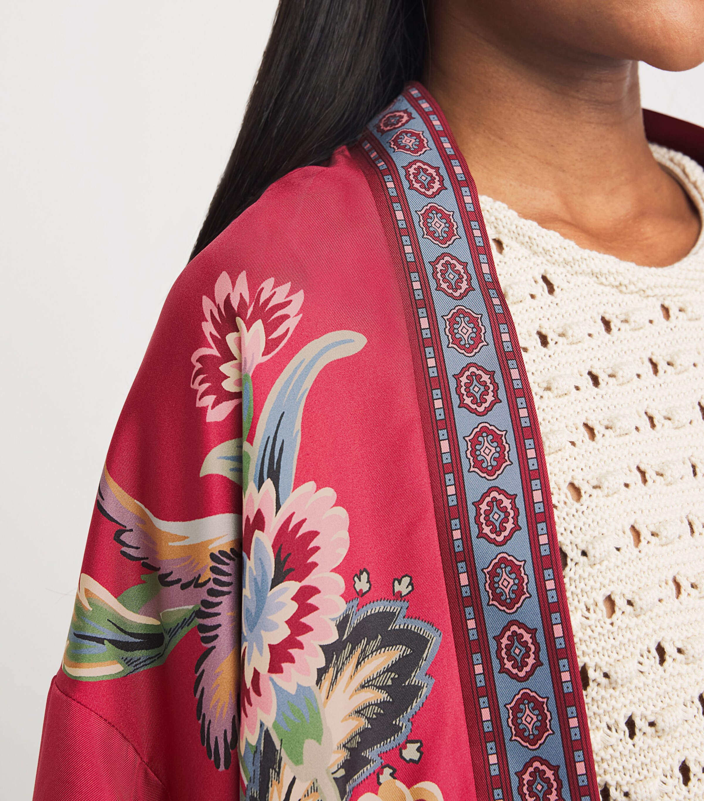 Silk Floral Print Short Robe X0865 Image 6