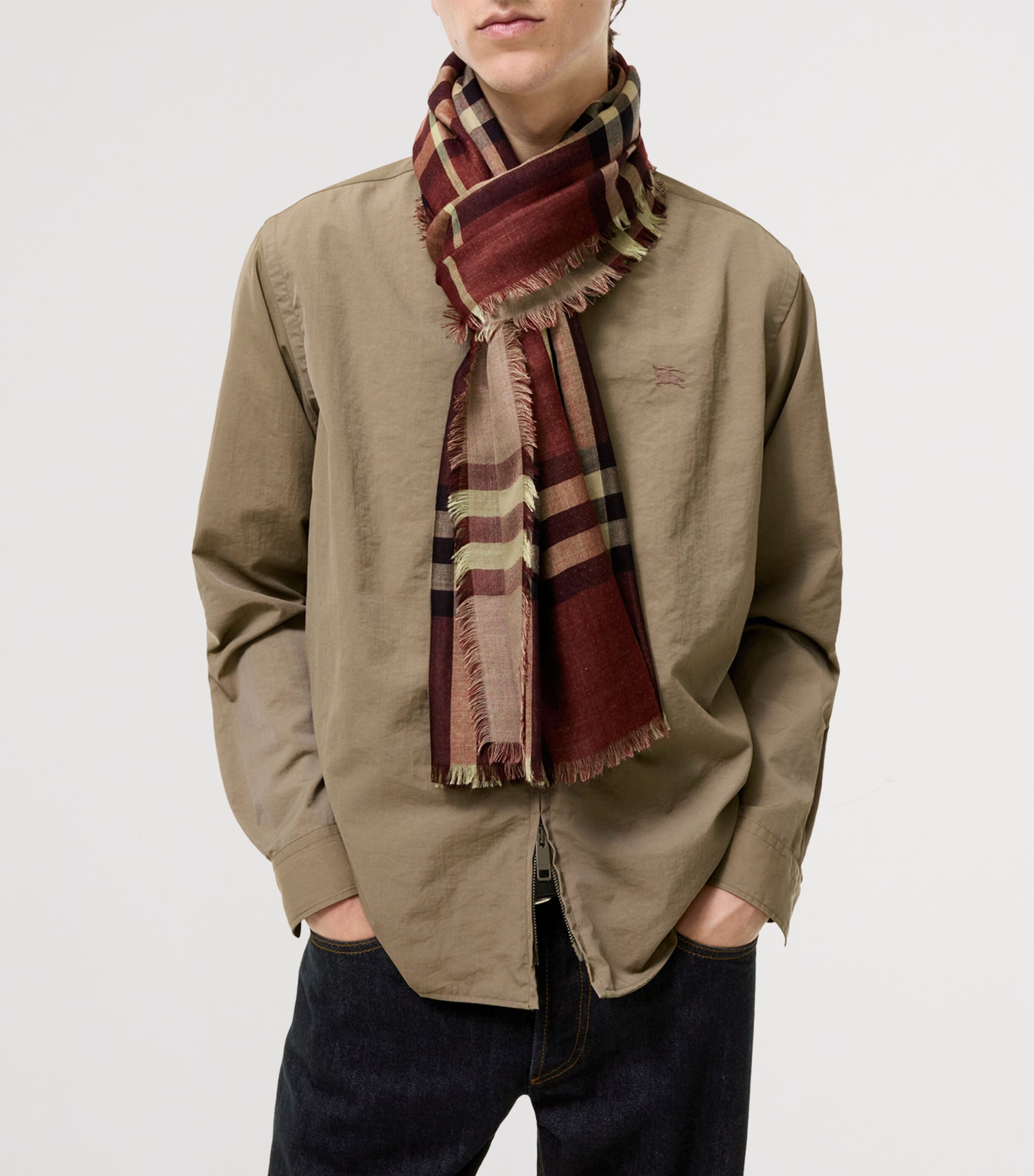Burberry Wool-Silk Reversible Check Scarf Vineyard Red Check Image 5