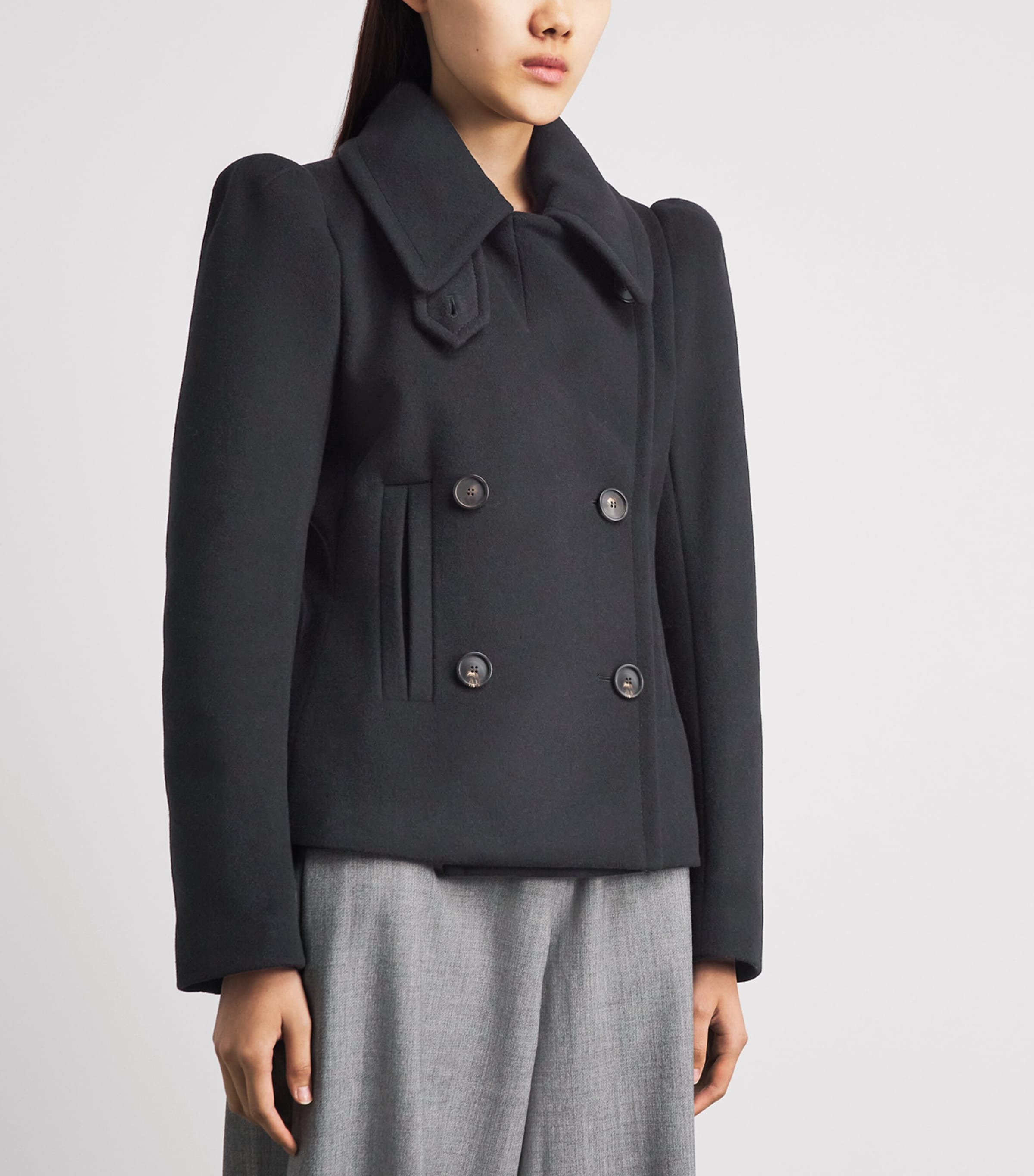7 For All Mankind Womens Wool-Blend Double-Breasted Fitted Blazer Black Image 4