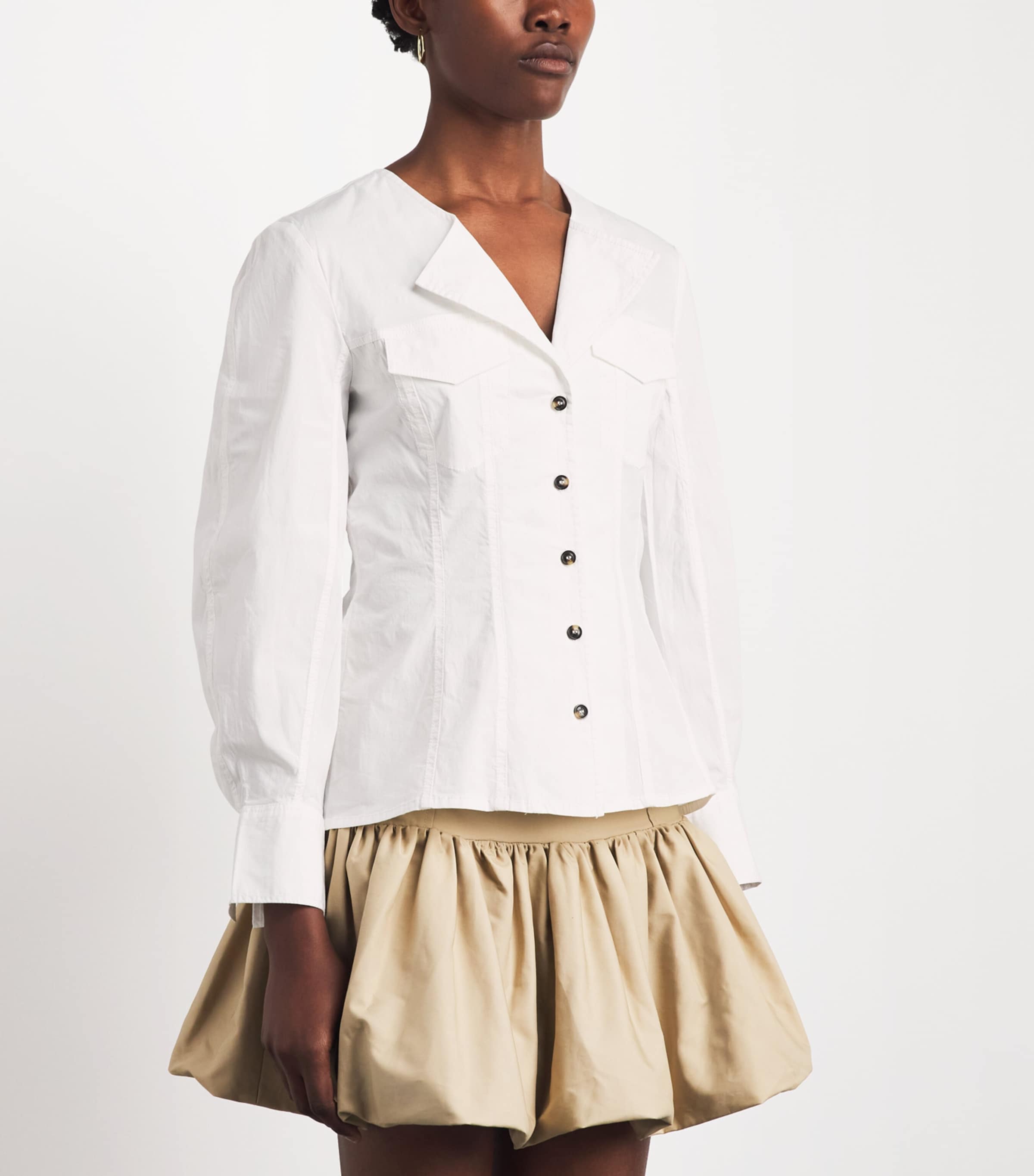GANNI Womens Stretch-Cotton V-Neck Shirt Bright White Image 4