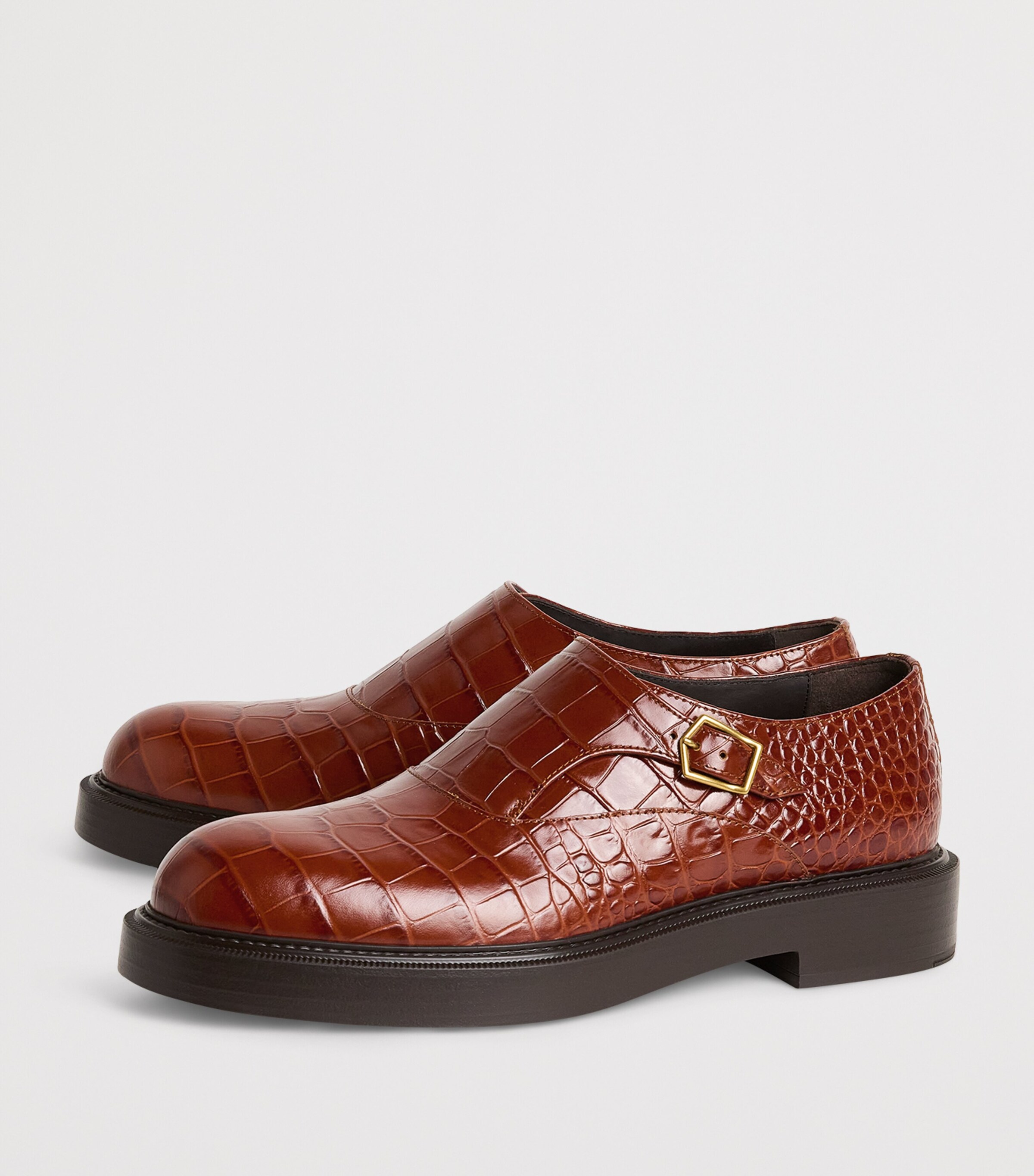 Croc-Embossed Leather Monk Shoes U6289 Image 3