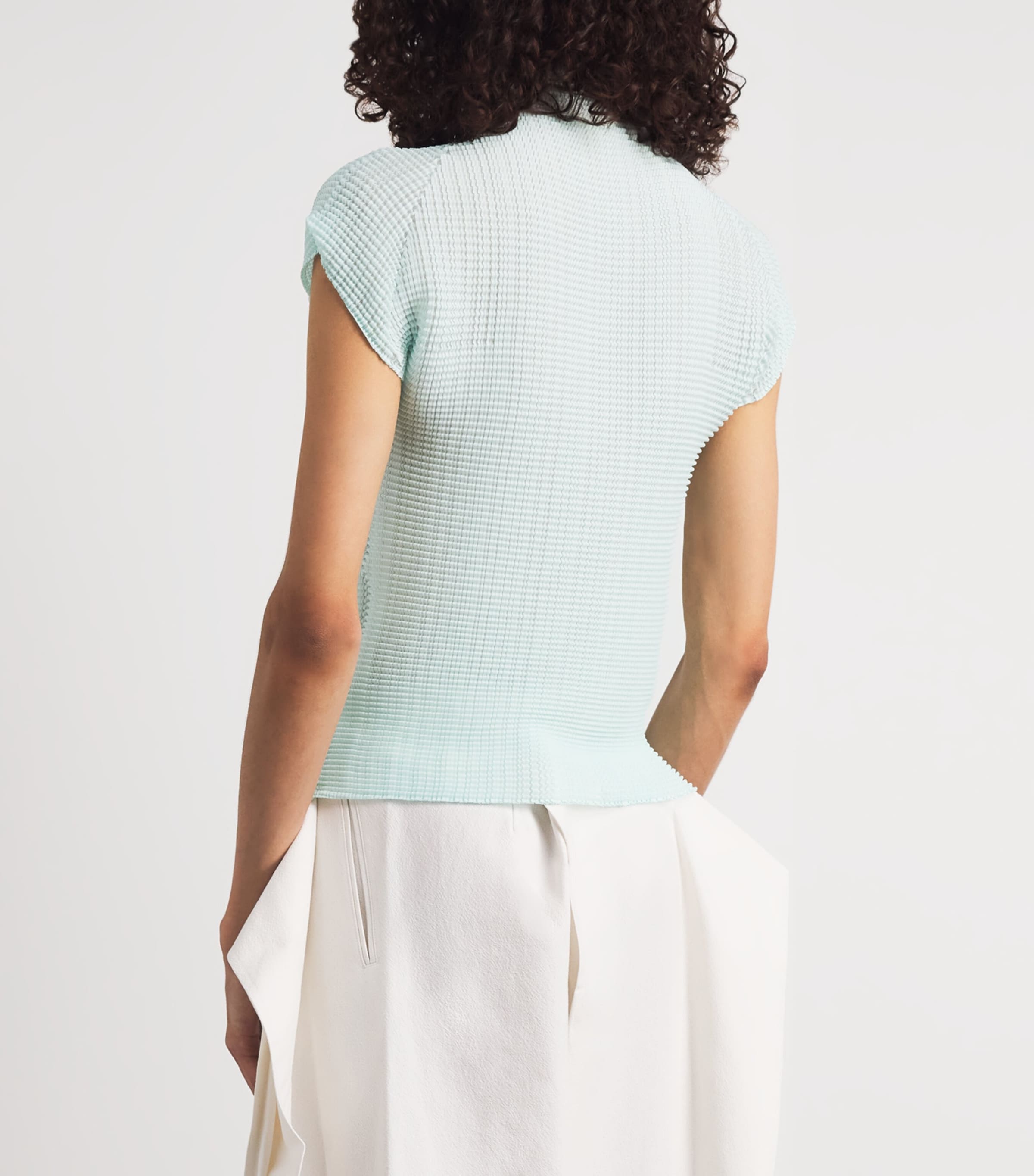 Issey Miyake Womens Wooly Pleats Mock-Neck Top Light Blue Image 5
