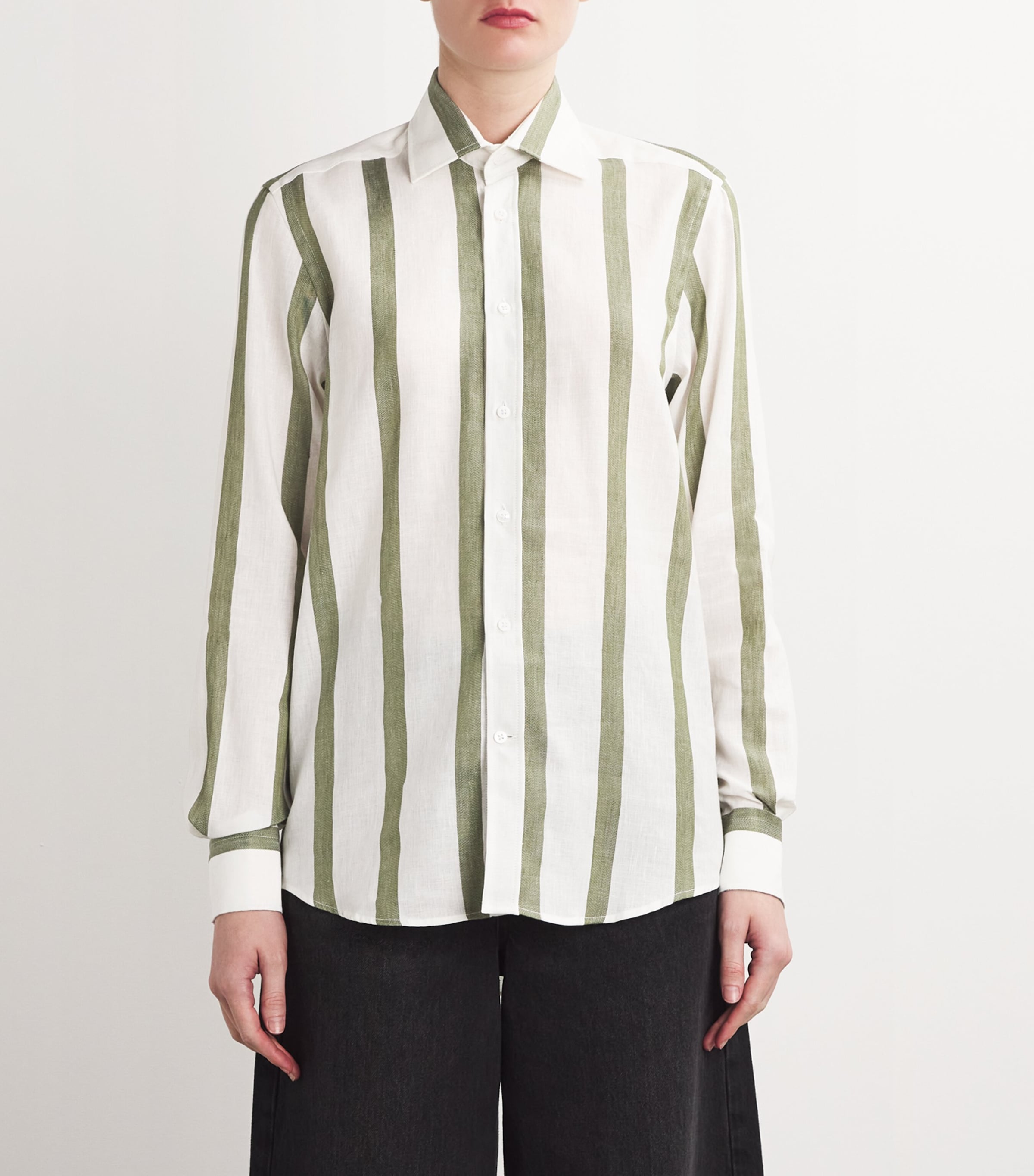 With Nothing Underneath Womens Cotton-Linen Stripe The Boyfriend Shirt Khaki Stripe Image 3