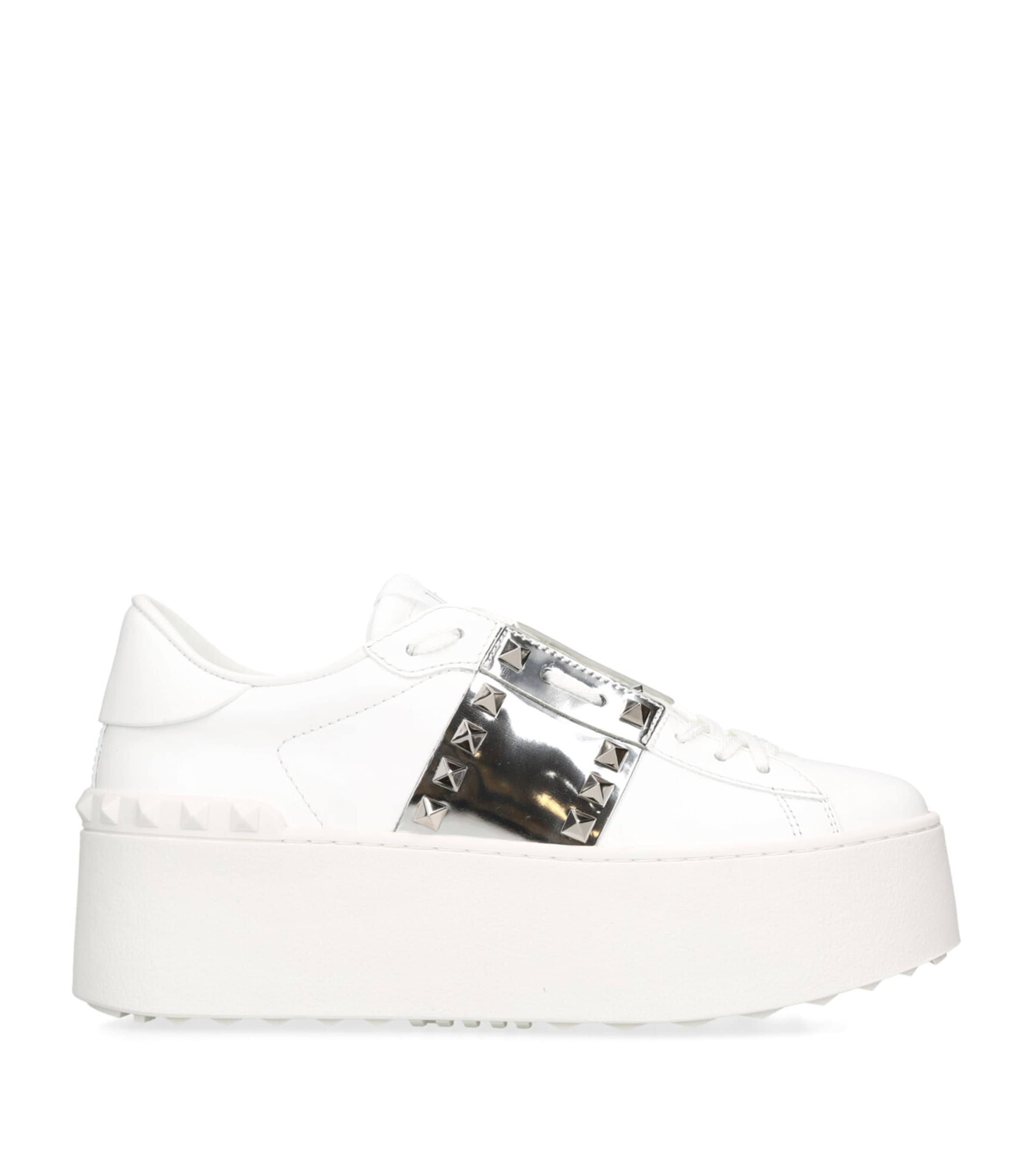 Shop Valentino Leather Rockstud Platform Sneakers In White