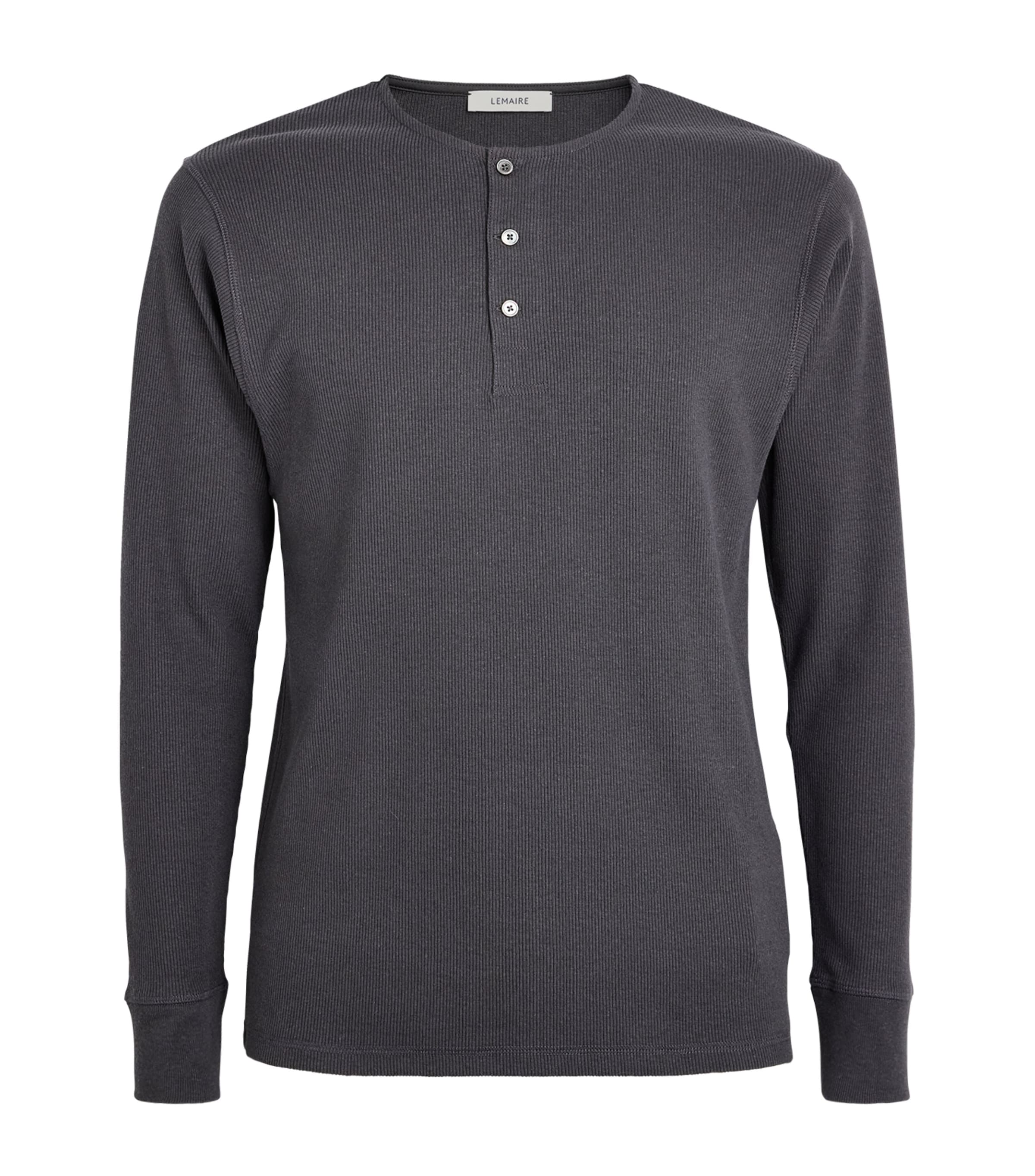Lemaire Mens Cotton-Linen Rib-Knit Henley T-Shirt Basalt Image 1