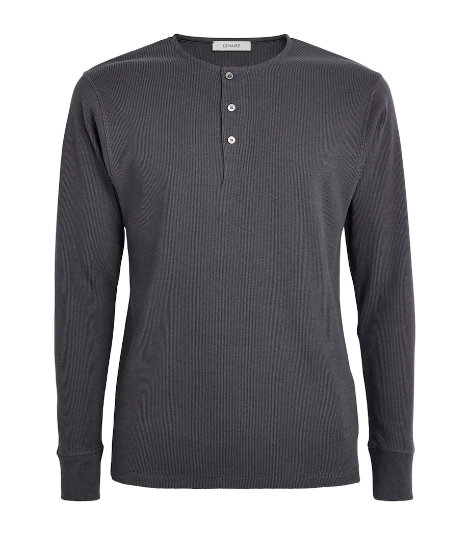 Lemaire Mens Cotton-Linen Rib-Knit Henley T-Shirt Basalt Image 1