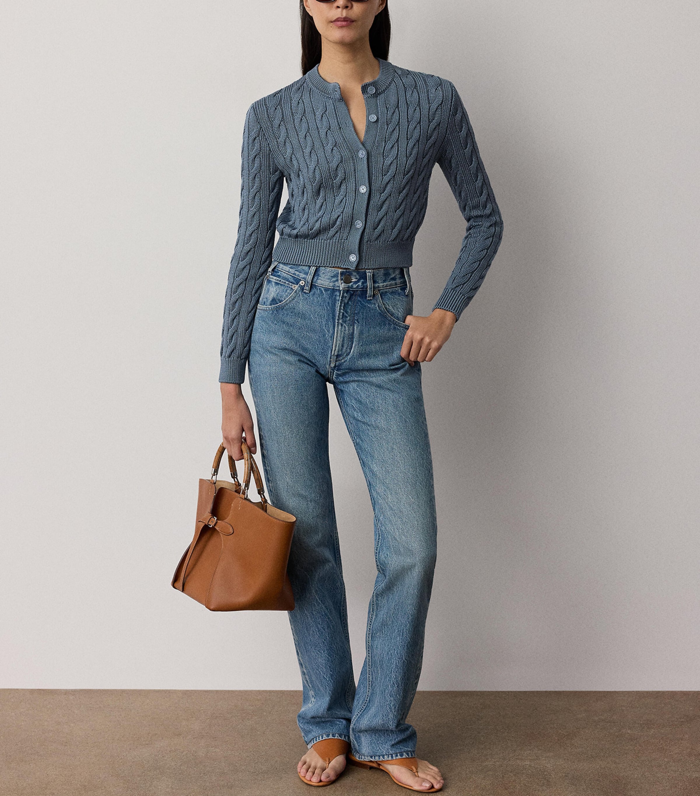 Ralph Lauren Collection Womens Silk Cable-Knit Cropped Cardigan Chambray Blue Image 2