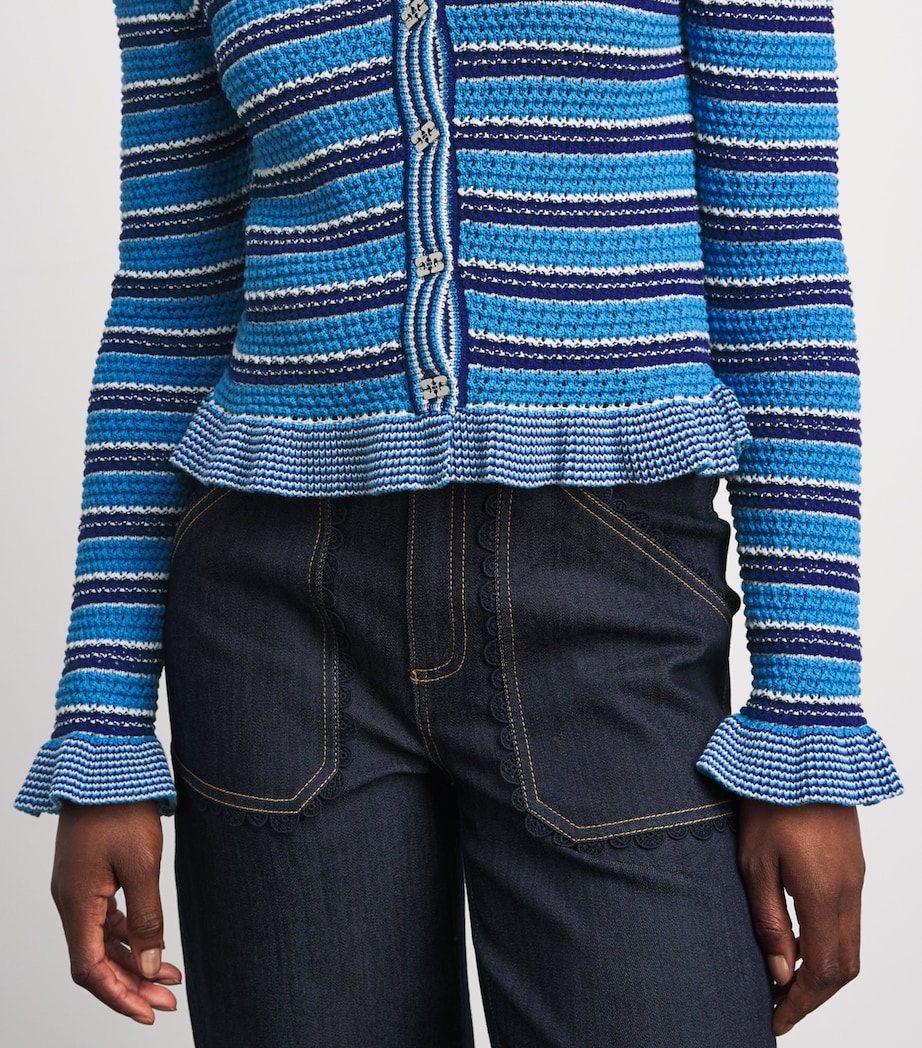 GANNI Womens Cotton Stripe Cropped Cardigan Marina Image 3
