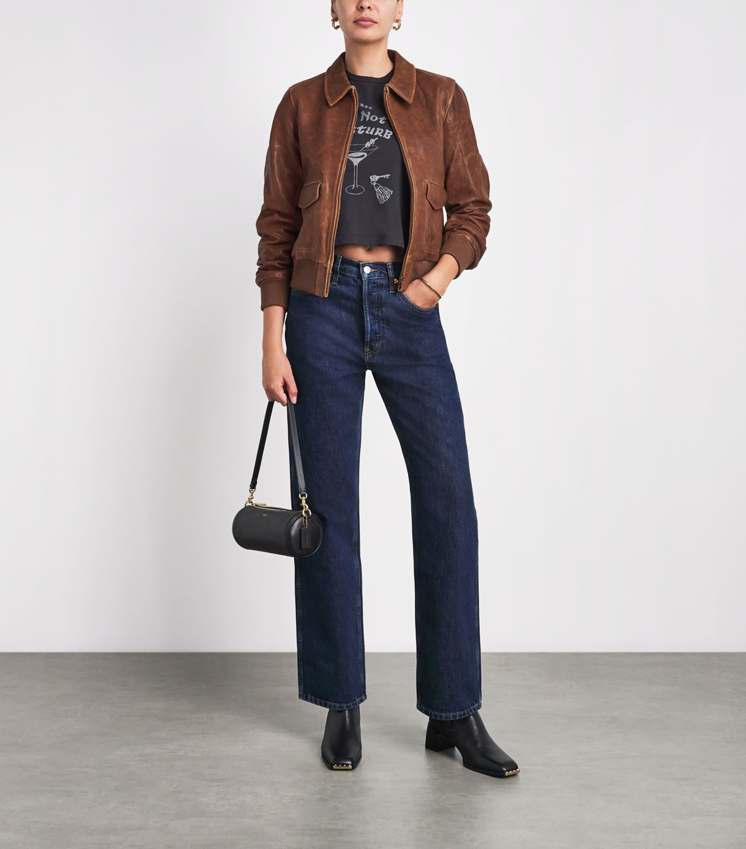 Re-Done Womens Leather Quinn Bomber Jacket Cognac Image 2
