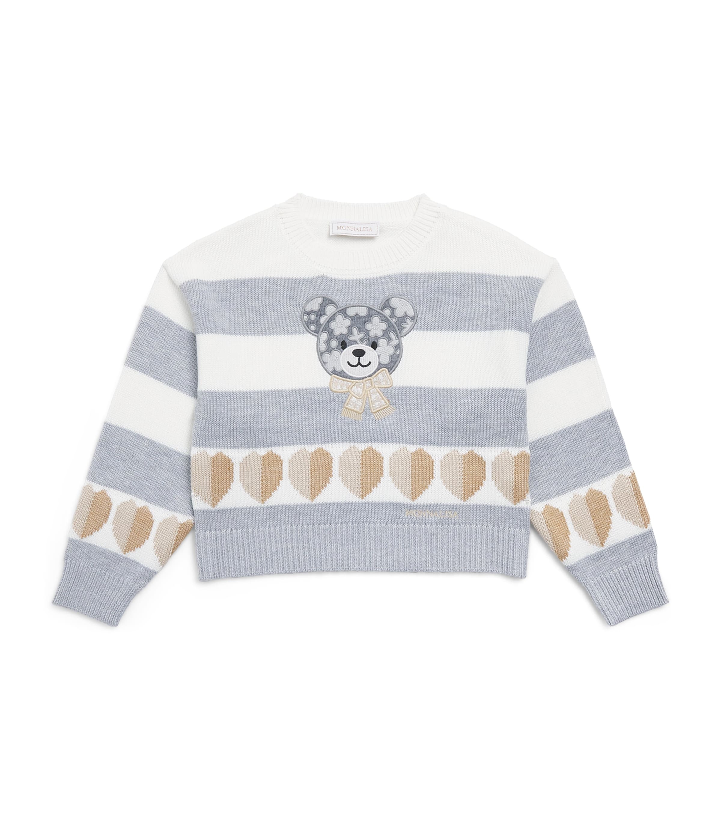 Monnalisa Stripe Teddy Bear Sweater (2-12 Years) Grigio+cammello Image 1