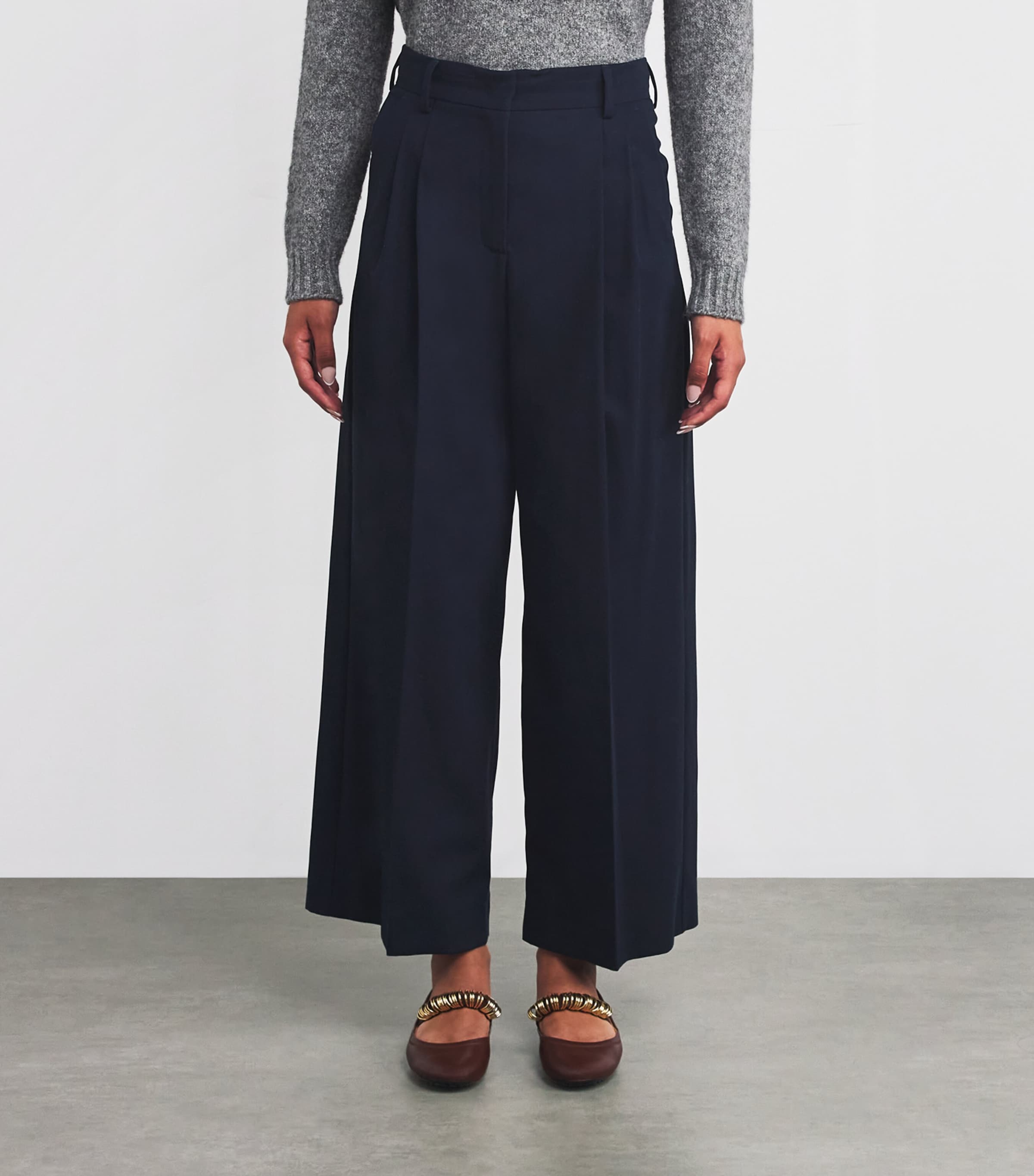 Cotton Wide-Leg Trousers NAVY Image 3