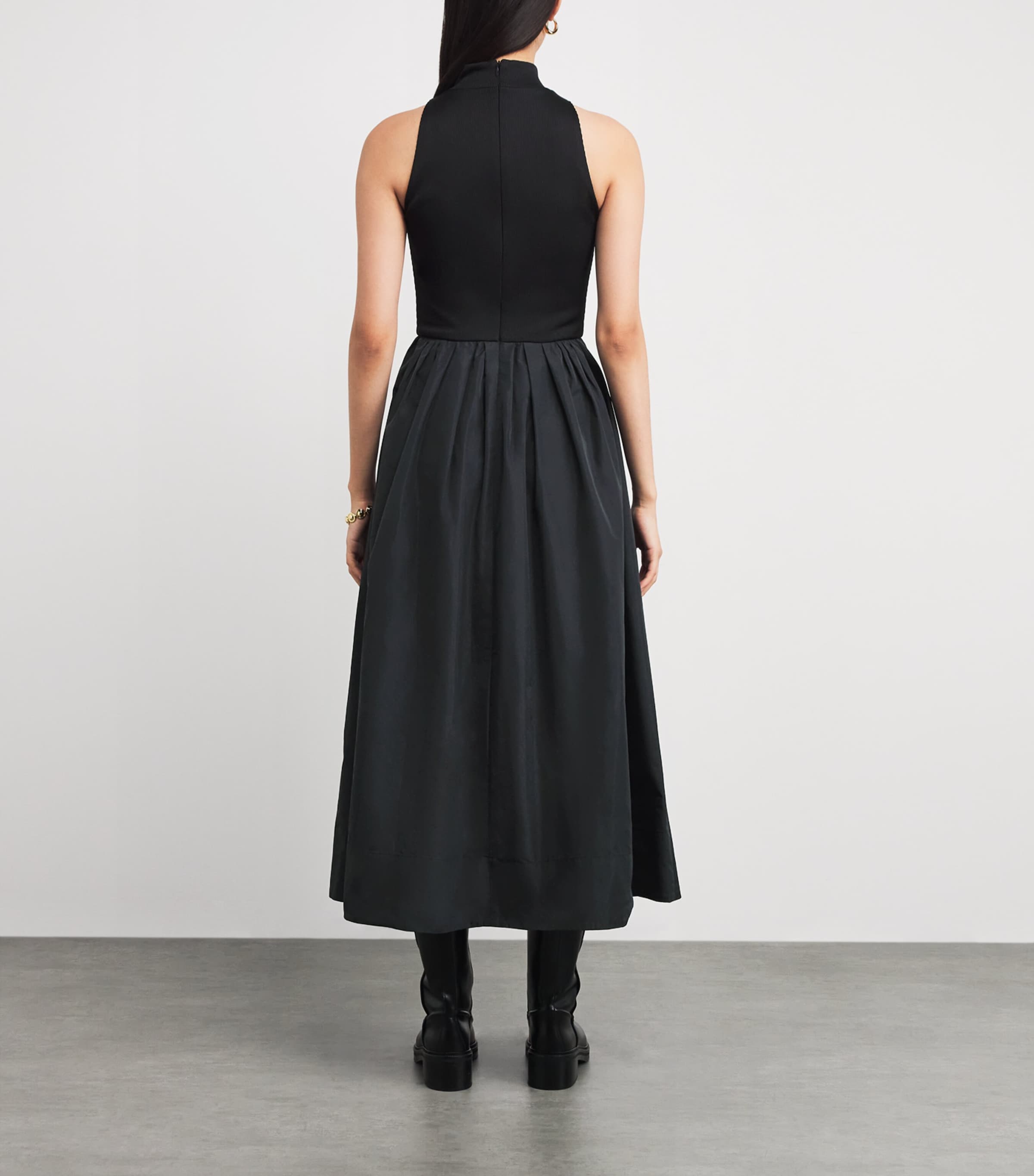 Rib-Knit Taffeta Midi Dress BLACK Image 3