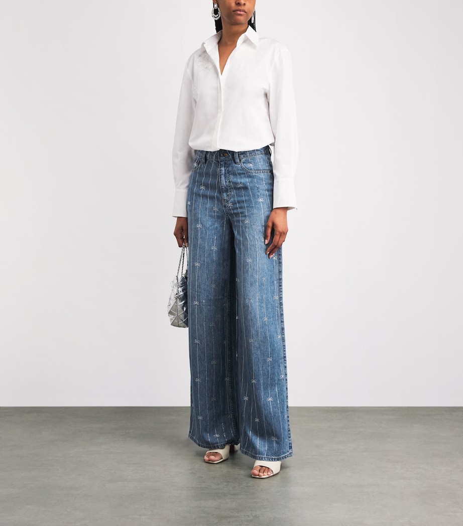 Self-Portrait Womens Rhinestone Stripe Wide-Leg Jeans Blue Image 2
