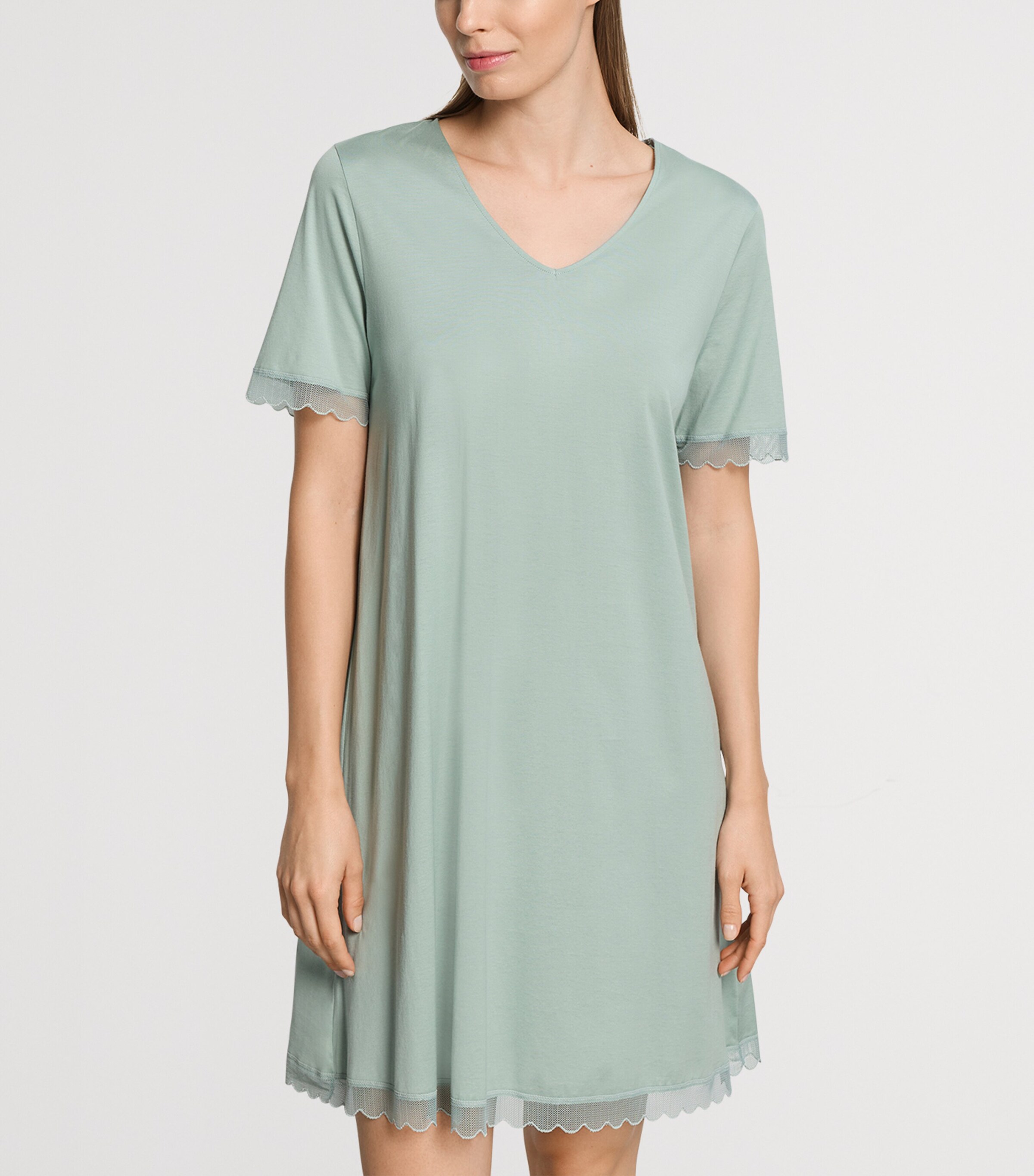 Hanro Womens Cotton Short-Sleeve Inaya Nightdress Dark Seafoam Image 2