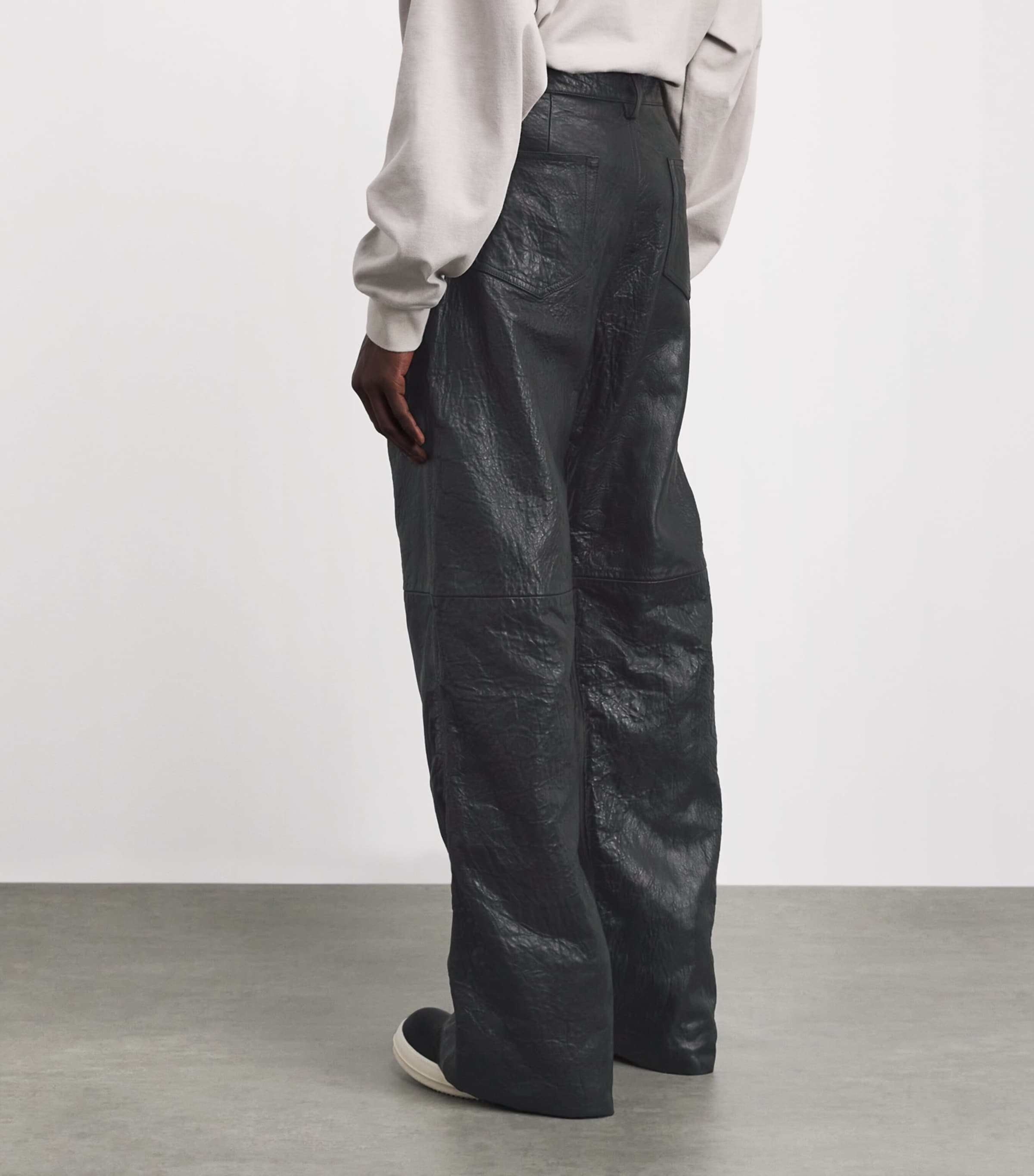 Rick Owens Mens Leather Geth Wide-Leg Jeans Black/ Image 4