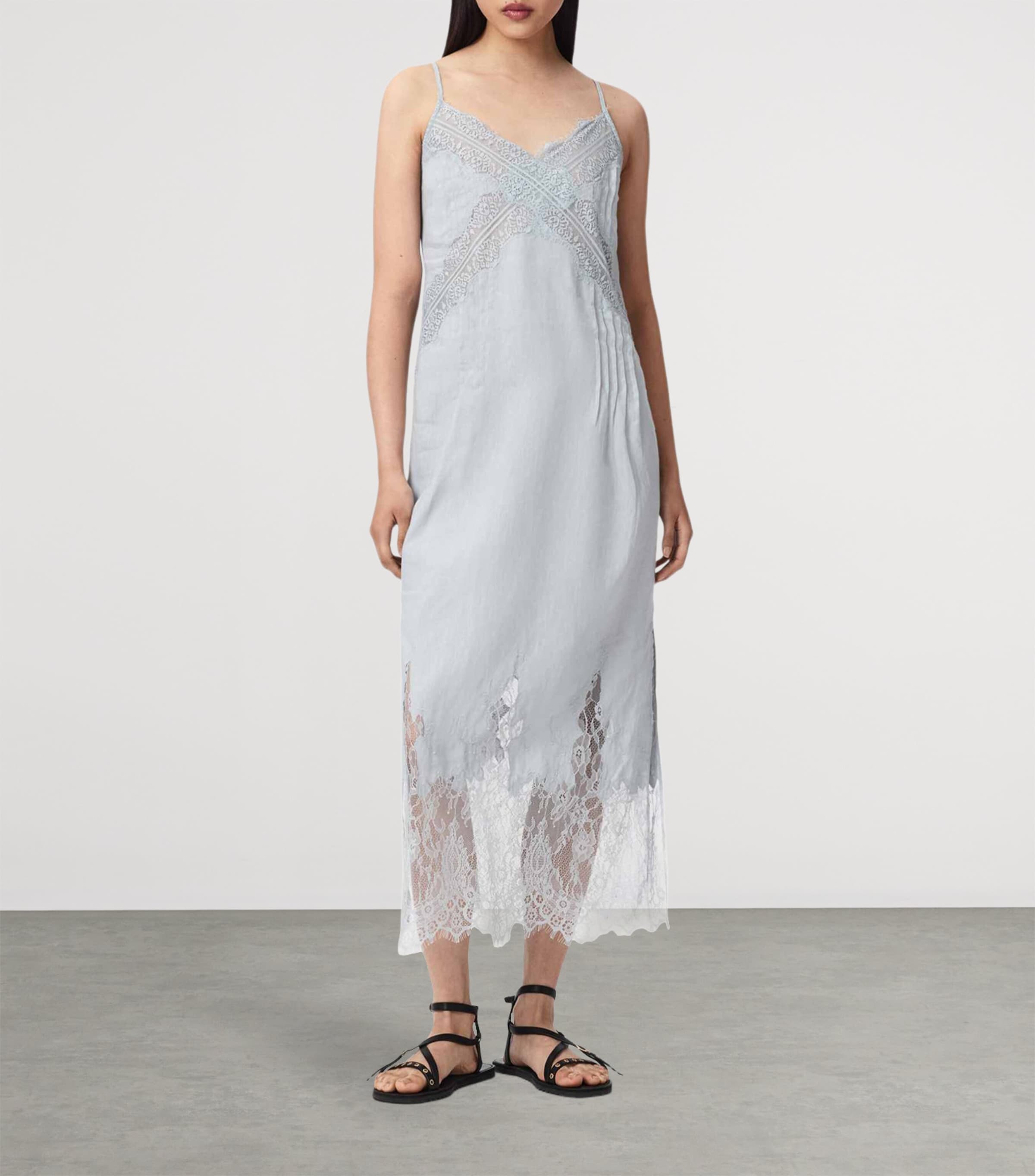 AllSaints Womens Linen Samia Midi Dress High Rise Blue Image 3