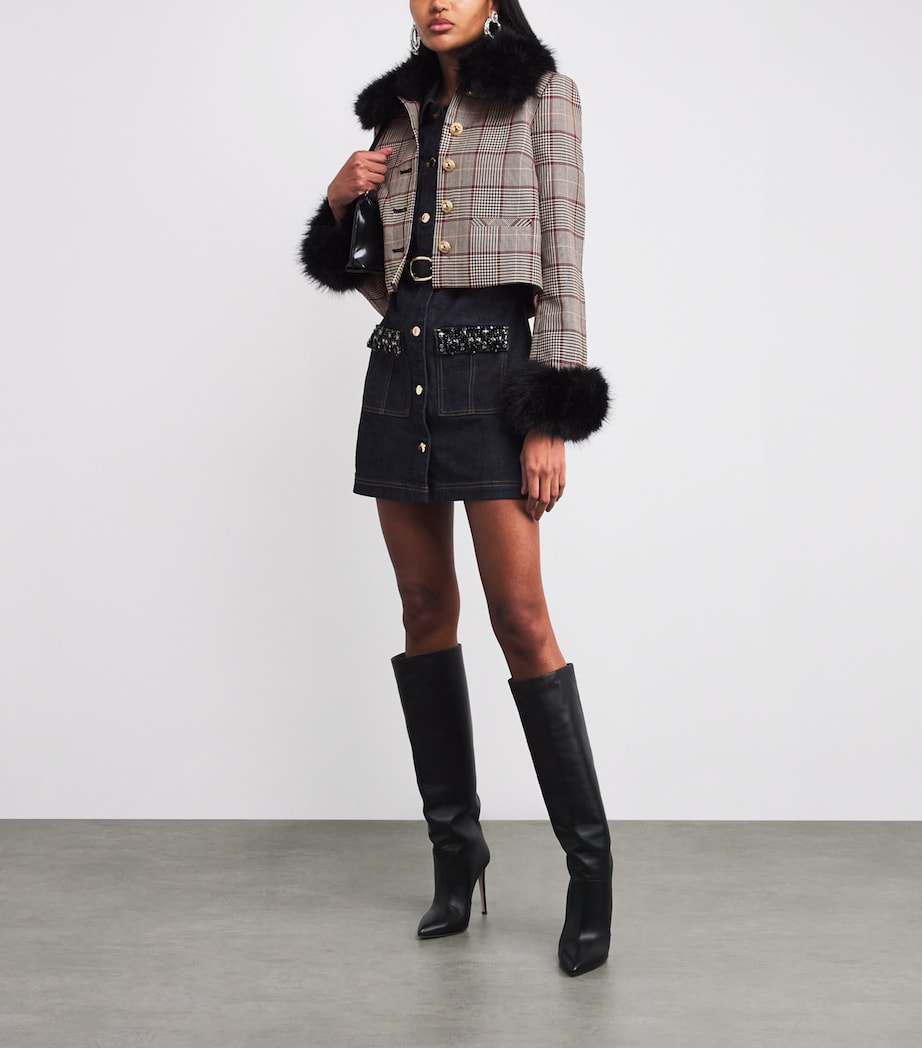 Faux Fur-Trim Check Jacket BROWN Image 2