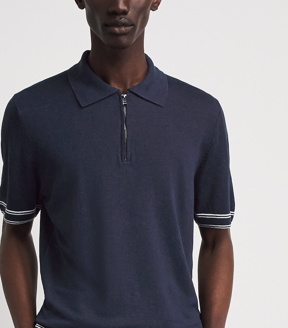 BOSS Mens Linen-Blend Zip-Up Polo Shirt Dark Blue Image 3
