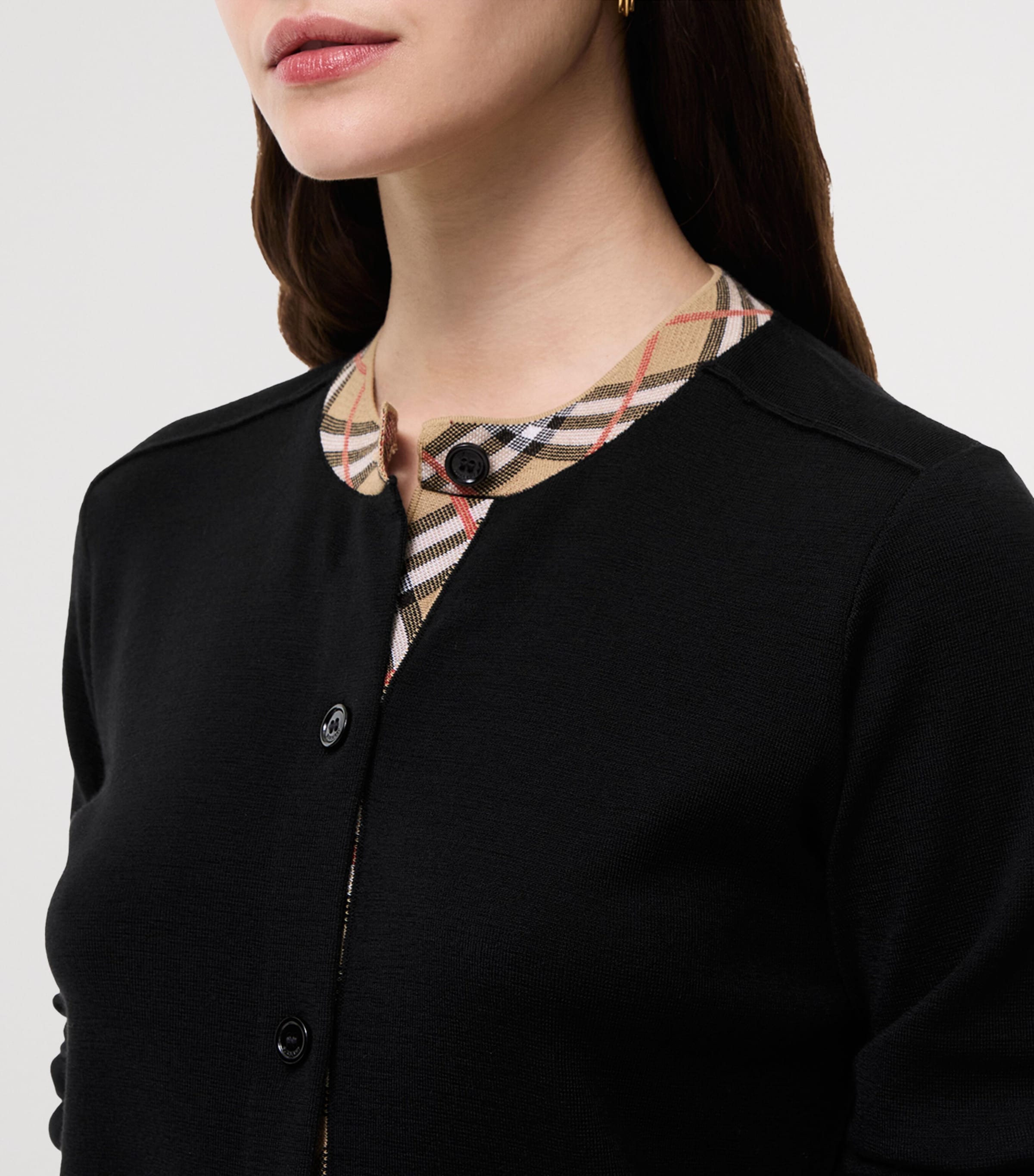Burberry Womens Wool Check-Trim Cardigan Black Image 3