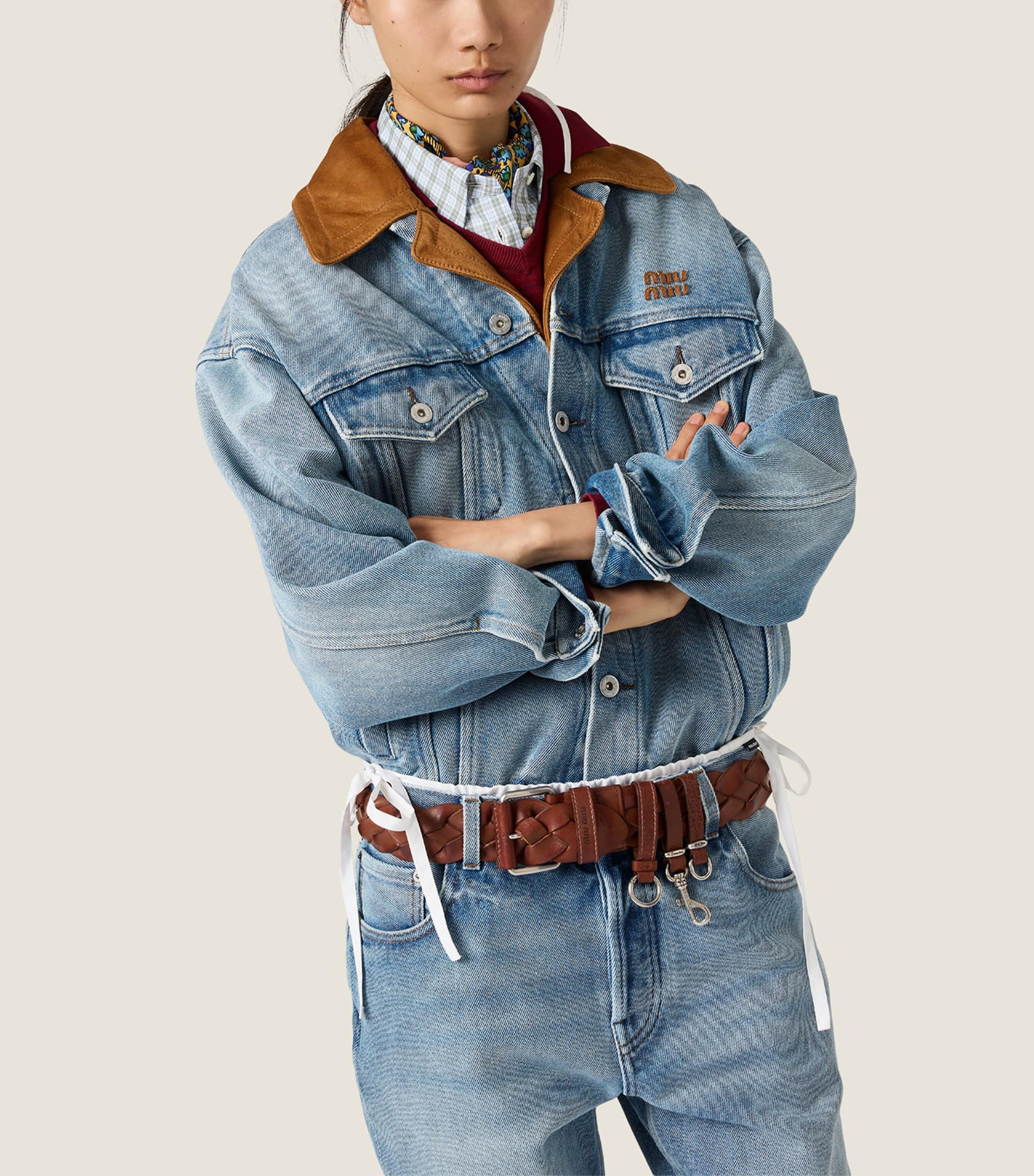Miu Miu Womens Denim and Suede Jacket Light Blue Image 5