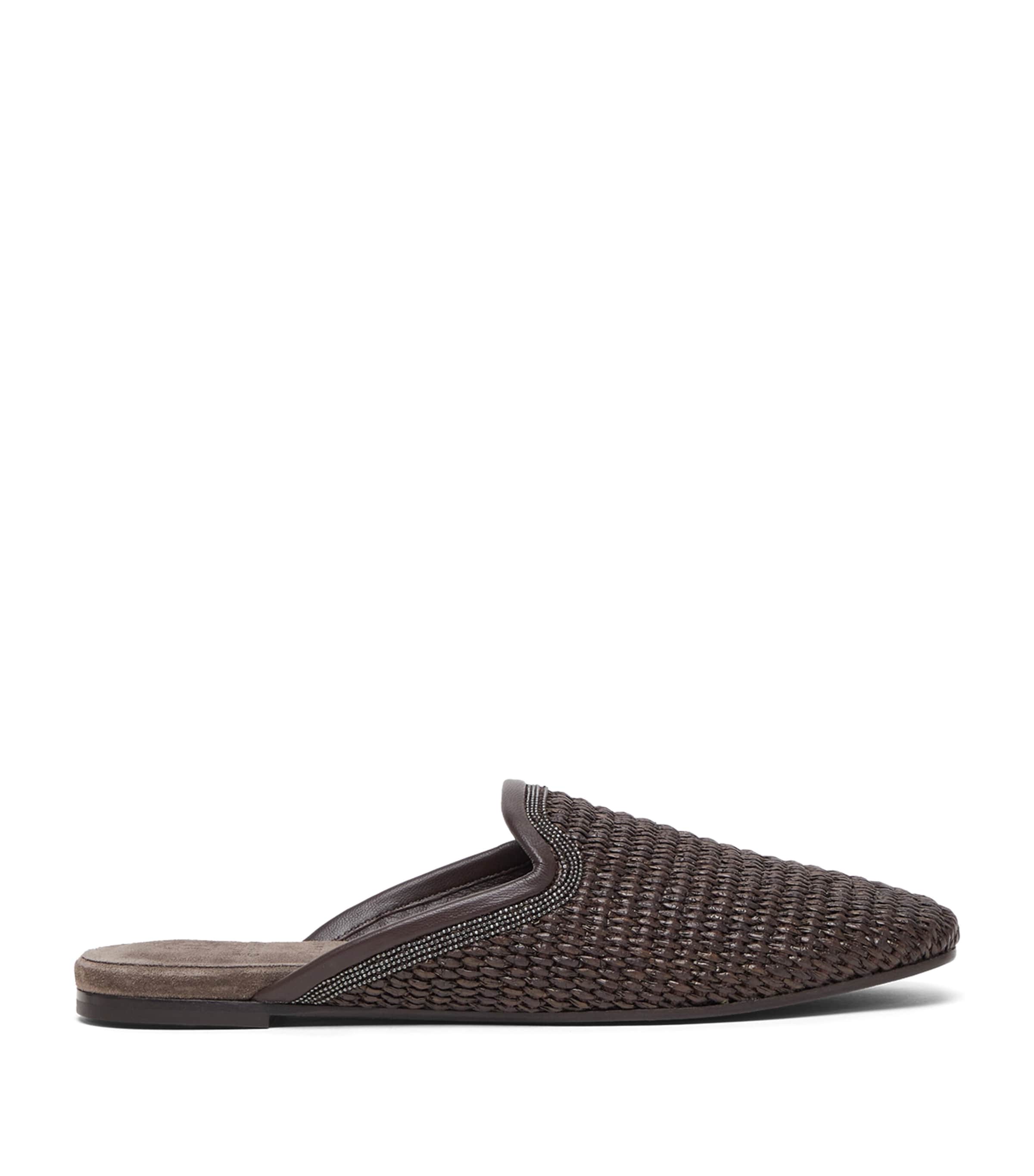 Brunello Cucinelli Monili-embellished Raffia Slippers In Brown