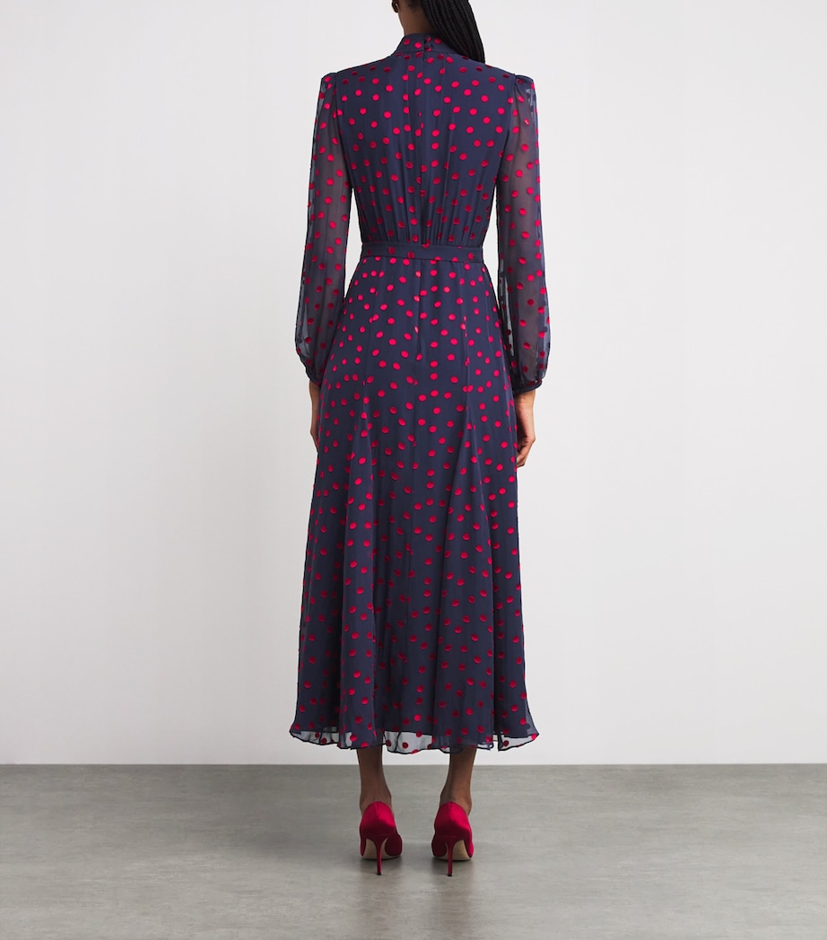 Saloni Womens Silk-Blend Devoré Polka Dot Jacqui B Midi Dress Navy Brght Rouge Image 3