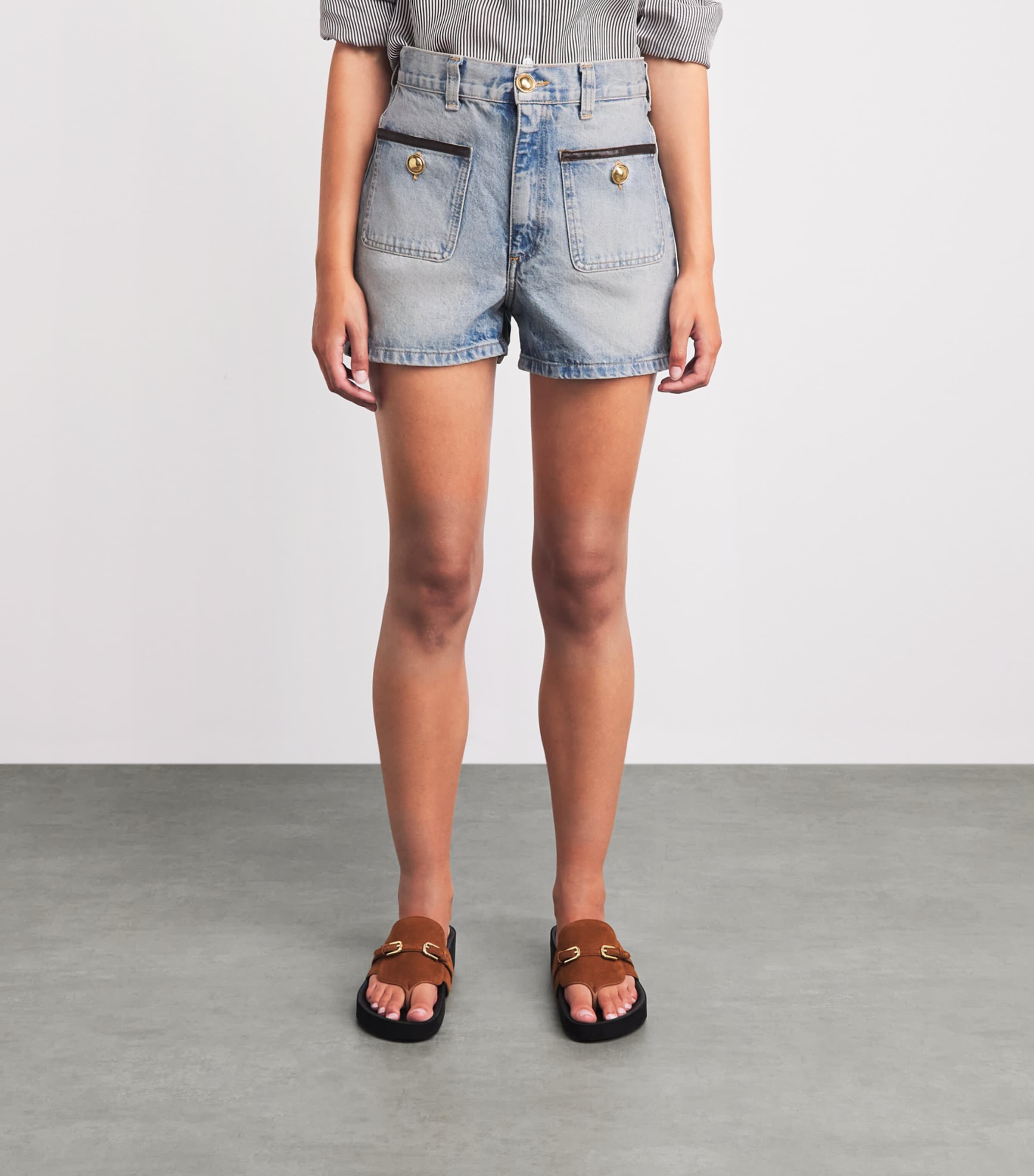 Sandro Paris Womens Leather-Trim Denim Shorts Blue Jean Image 4