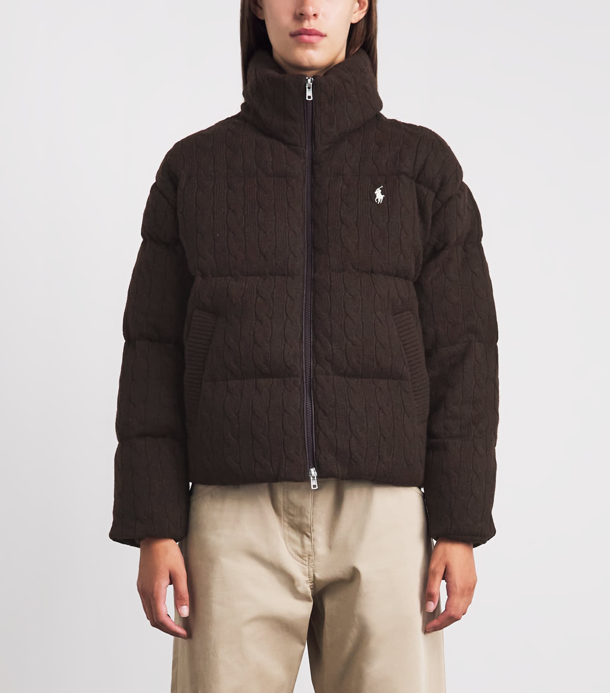Polo Ralph Lauren Womens Wool-Cashmere Cable-Knit Puffer Jacket Walnut Brown Melange Image 4